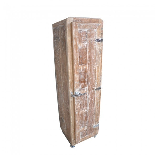 Solid Wood Tall Thin Cabinet with Fridge Doors - 1.65m Height, Wheels & Whitewash Finish | Perfect for Kitchen Storage, Pantry Organization & Small Space Living