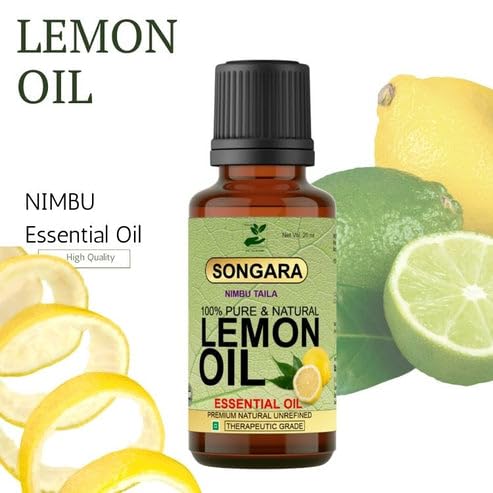 Songara 100% Pure Natural Lemon Essential Oil for Skin & Hair - Ayurvedic Scalp Treatment, Face & Body Revitalizer - 20ml (1 Pack) - Perfect for Aromatherapy, Massage & DIY Beauty Recipes