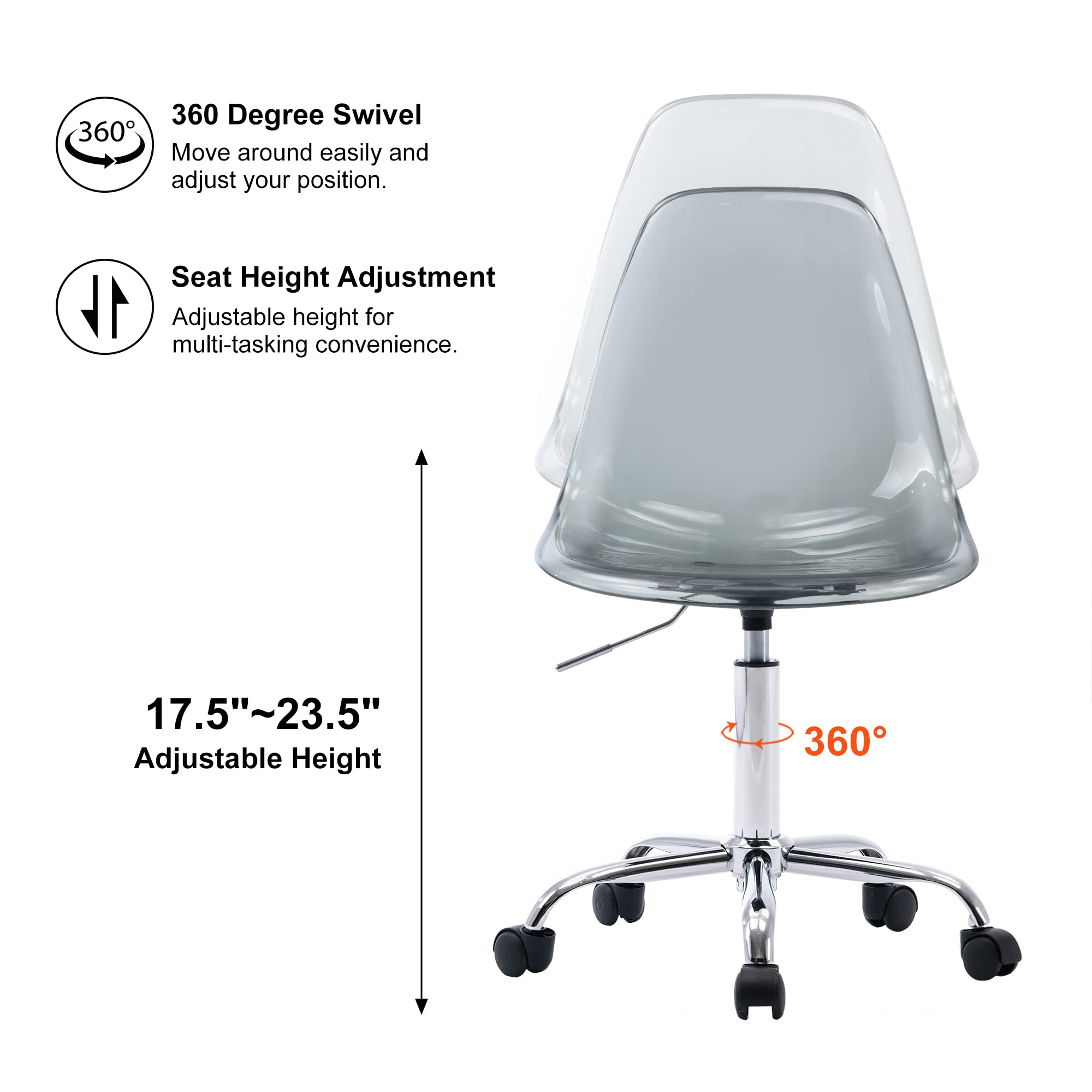 HOMEFUN Clear Acrylic Rolling Desk Chair - Armless Swivel Height Adjustable Ghost Plastic Office Chair with Wheels for Home & Vanity Use, Black - Perfect for Modern Workspaces & Beauty Stations