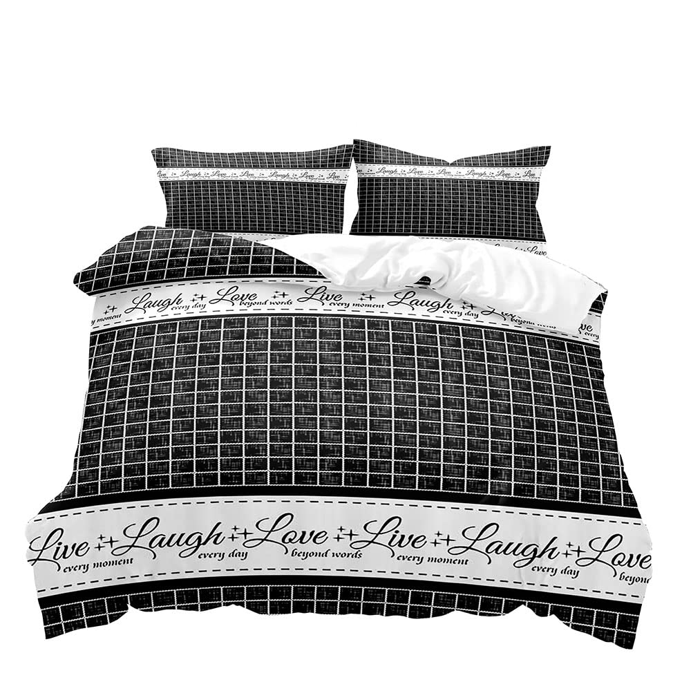 VIVIHOME 3-Piece King Size Duvet Cover Set - Black and White Plaid Modern Farmhouse Bedding with 2 Pillow Shams | Live Laugh Love Inspirational Comforter Cover | Perfect for Cozy Bedrooms, Guest Rooms & Gift Giving