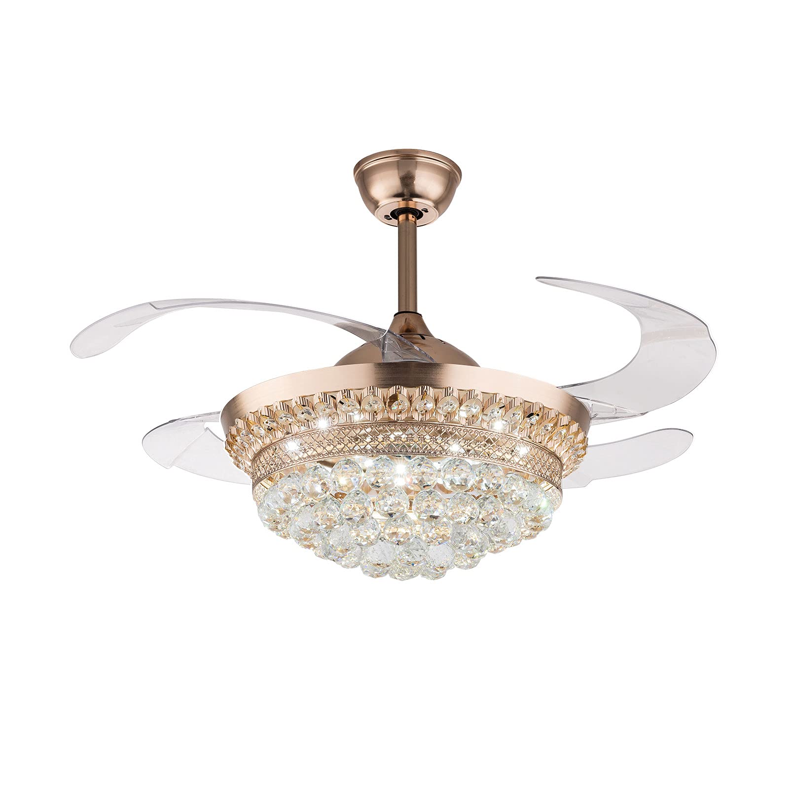 Crystal Ceiling Fan with Remote Control - 4 Clear Retractable Blades Invisible Fan Light for Bedroom, Living Room & Kids Room - Gold Chandelier Style | Perfect for Home Cooling & Decoration