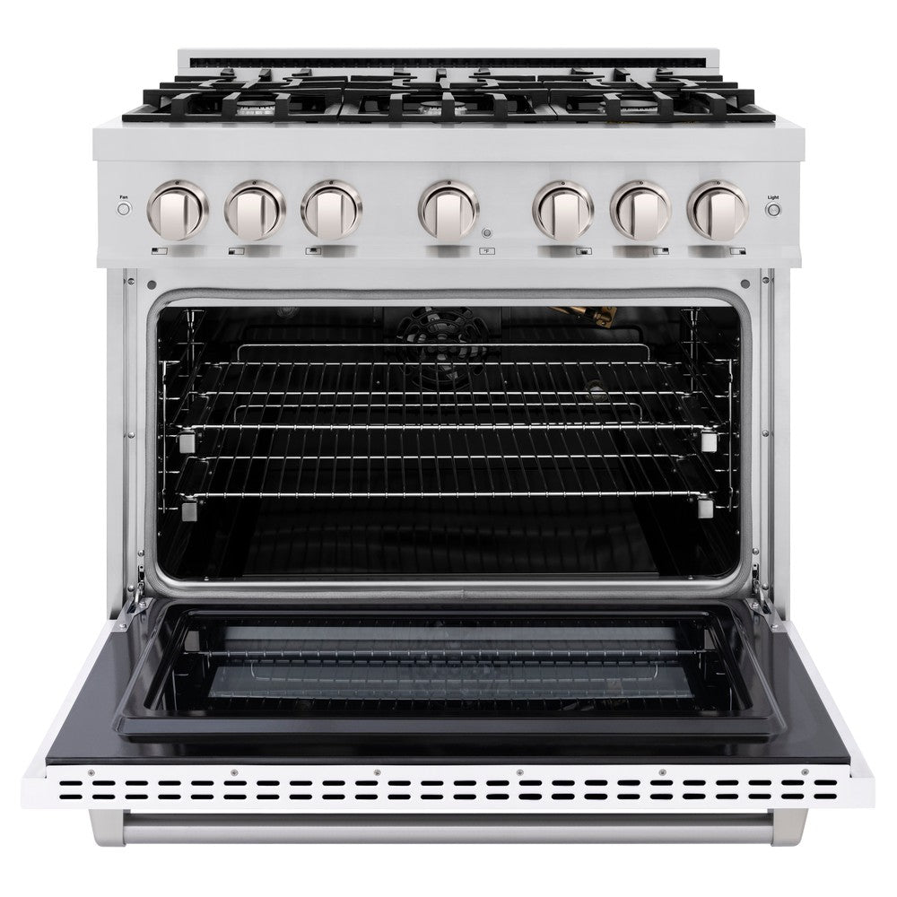 ZLINE 36 Inch 5.2 Cu. Ft. Stainless Steel Gas Range with 6 Burner Cooktop & Convection Oven - White Matte Door (HGR WM 36) - Perfect for Modern Kitchens, Home Chefs & Professional Cooking
