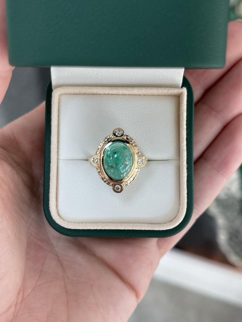 5.45tcw 14K Gold Vintage Oval Cabochon Bluish Green Emerald & Diamond Accent Ring for Women - Elegant Jewelry Gift for Anniversary, Engagement & Special Occasions
