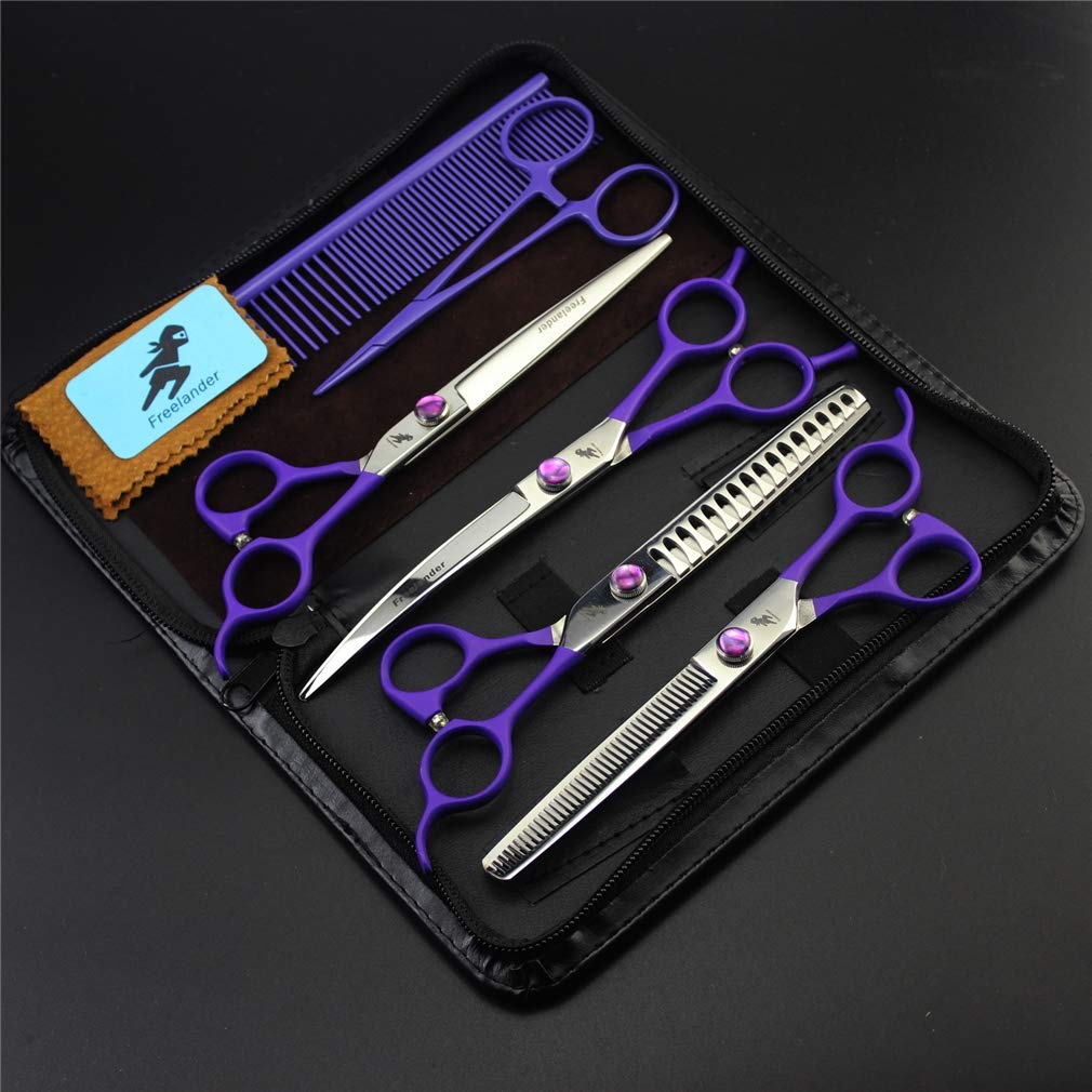 Professional Dog Grooming Kit - 4 Piece Stainless Steel Pet Grooming Scissors Set with Thinning Shear & Curved Scissors for Dogs & Cats | Perfect for Home Pet Hair Trimming, Styling & Grooming Care