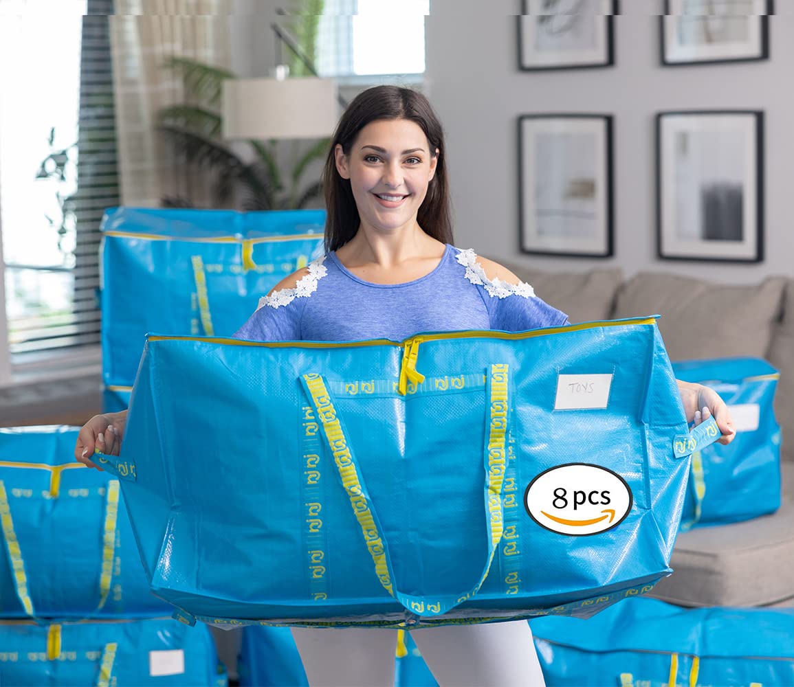 8-Pack Extra Large Heavy Duty Moving Bags with Handles - Waterproof Storage Totes for Packing & Organizing - Reinforced Puncture Resistant Material & Strong Zipper Pulls - Alternative to Moving Boxes - Perfect for Home Storage, Moving Houses & Travel Luggage Organization