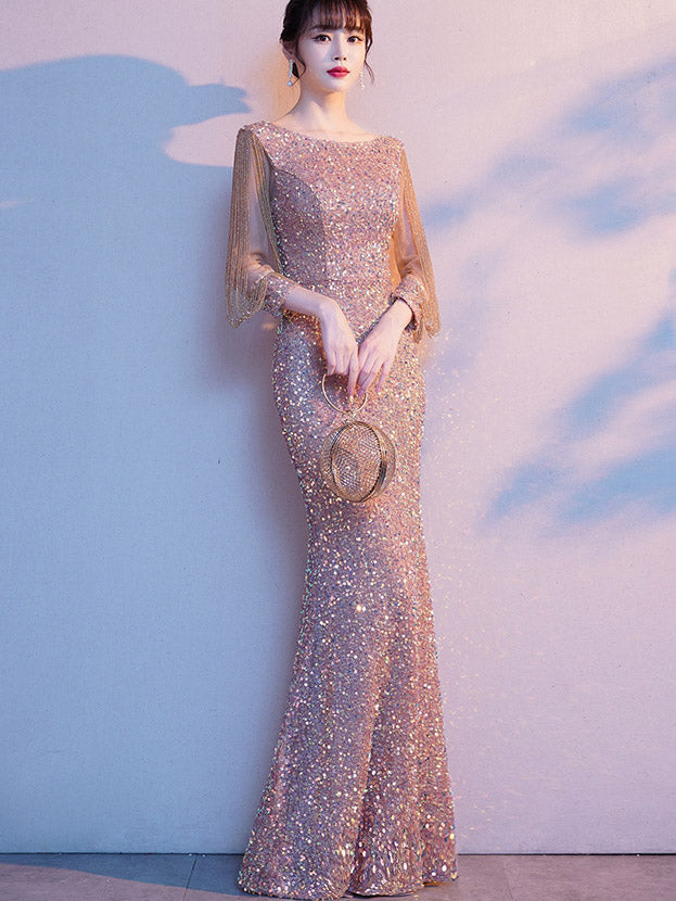 Sparkly Sequins Boat Neck Beaded Sleeve Mermaid Fishtail Party Dress for Women - Perfect for Prom, Evening Gala, and Special Occasions