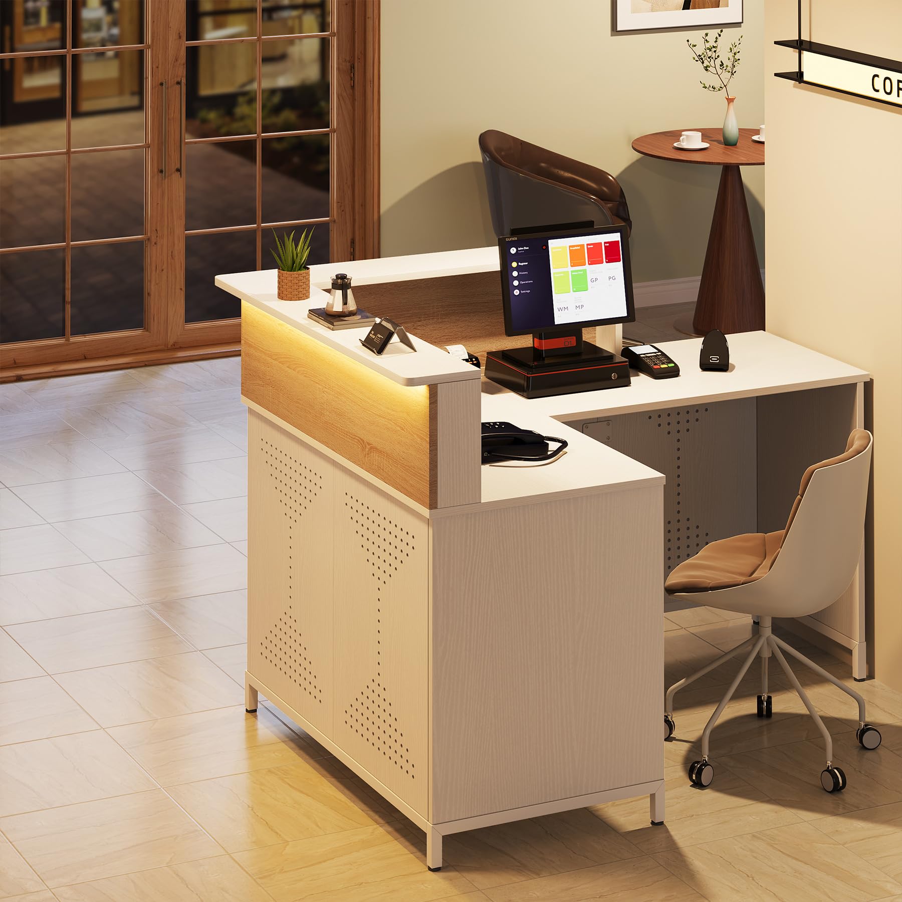 Modern L-Shaped Reception Desk with LED Lights - 60 Inch Office Front Desk, Checkout Counter Table for Lobby, Cafe & Beauty Salon - White & Light Brown - Perfect for Professional Spaces, Waiting Areas & Retail Stores
