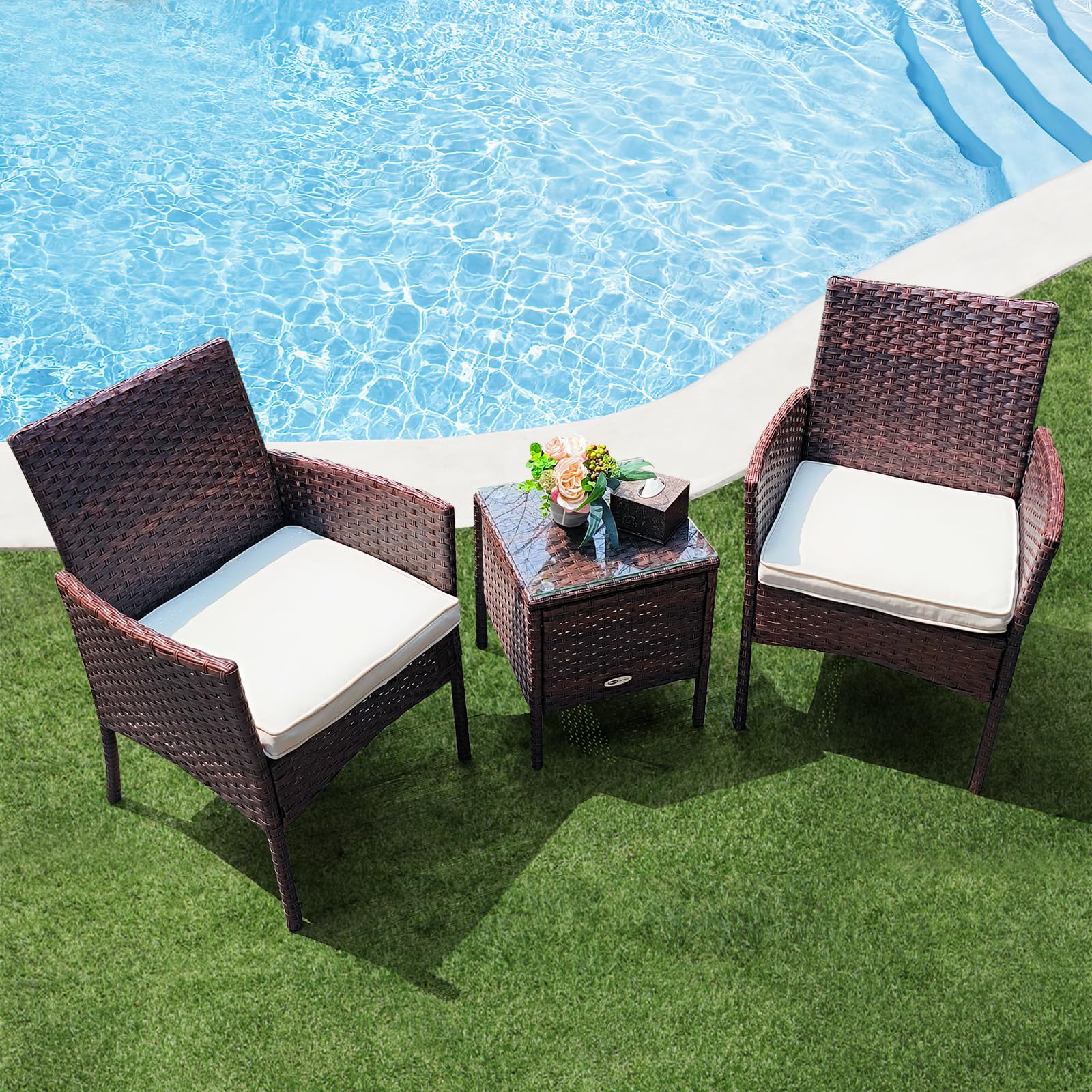 DIMAR GARDEN 3-Piece Outdoor Patio Furniture Set - Rattan Wicker Chairs with Coffee Table for Porch, Garden, Backyard & Balcony Decor