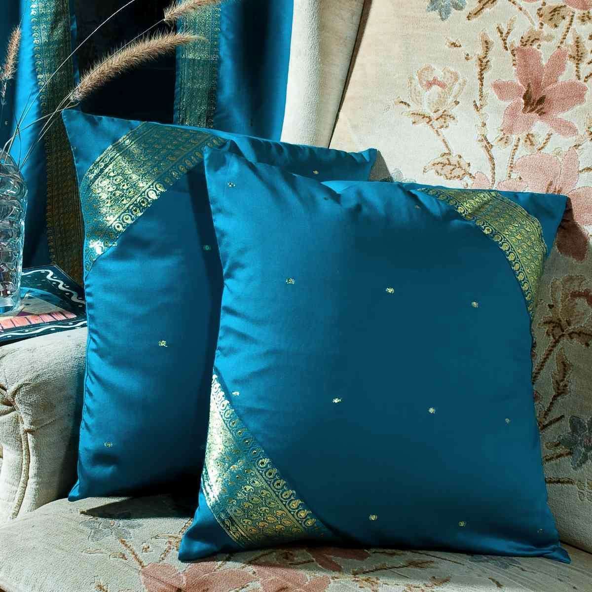 Handmade Turquoise Sari Cushion Covers Set of 2 - Boho Indian Throw Pillow Covers 26x26 Inch with Zipper | Elegant Home Decor for Living Room, Bedroom & Bohemian Style Spaces