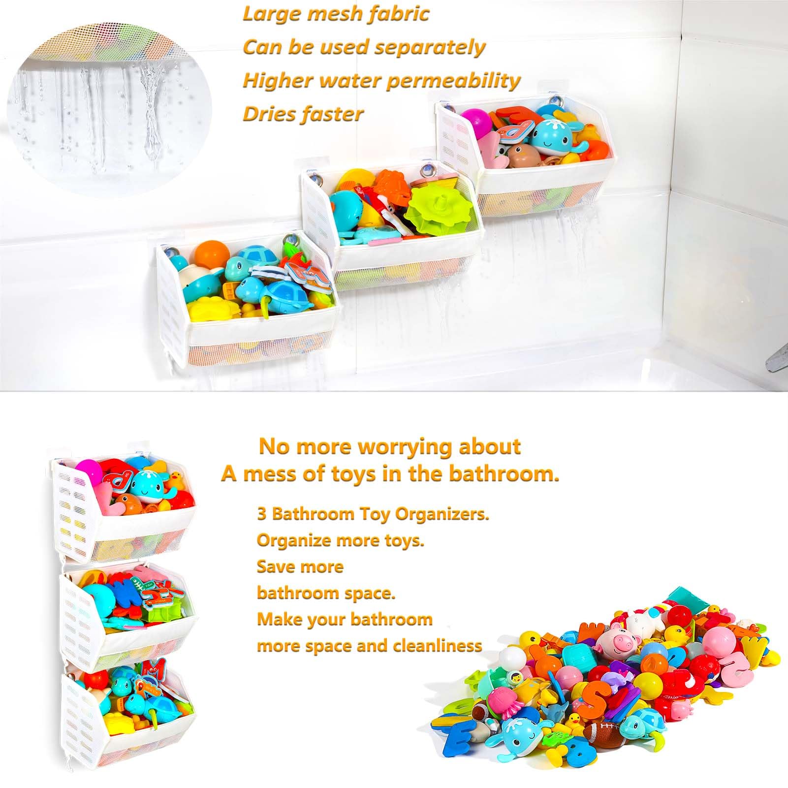 3-Piece Bath Toy Organizer Set - Multi-Functional Bathtub Toy Holder with Quick Drain for Easy Toy Storage | Perfect for Kids Bath Time Organization & Bathroom Decor