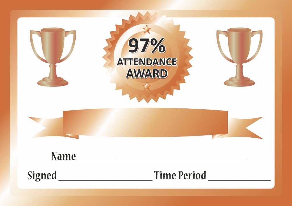 Premium A5 Bronze 97% Attendance Certificates - High-Quality School Awards, Employee Recognition & Event Achievement Certificates for Academic, Corporate & Ceremonial Use