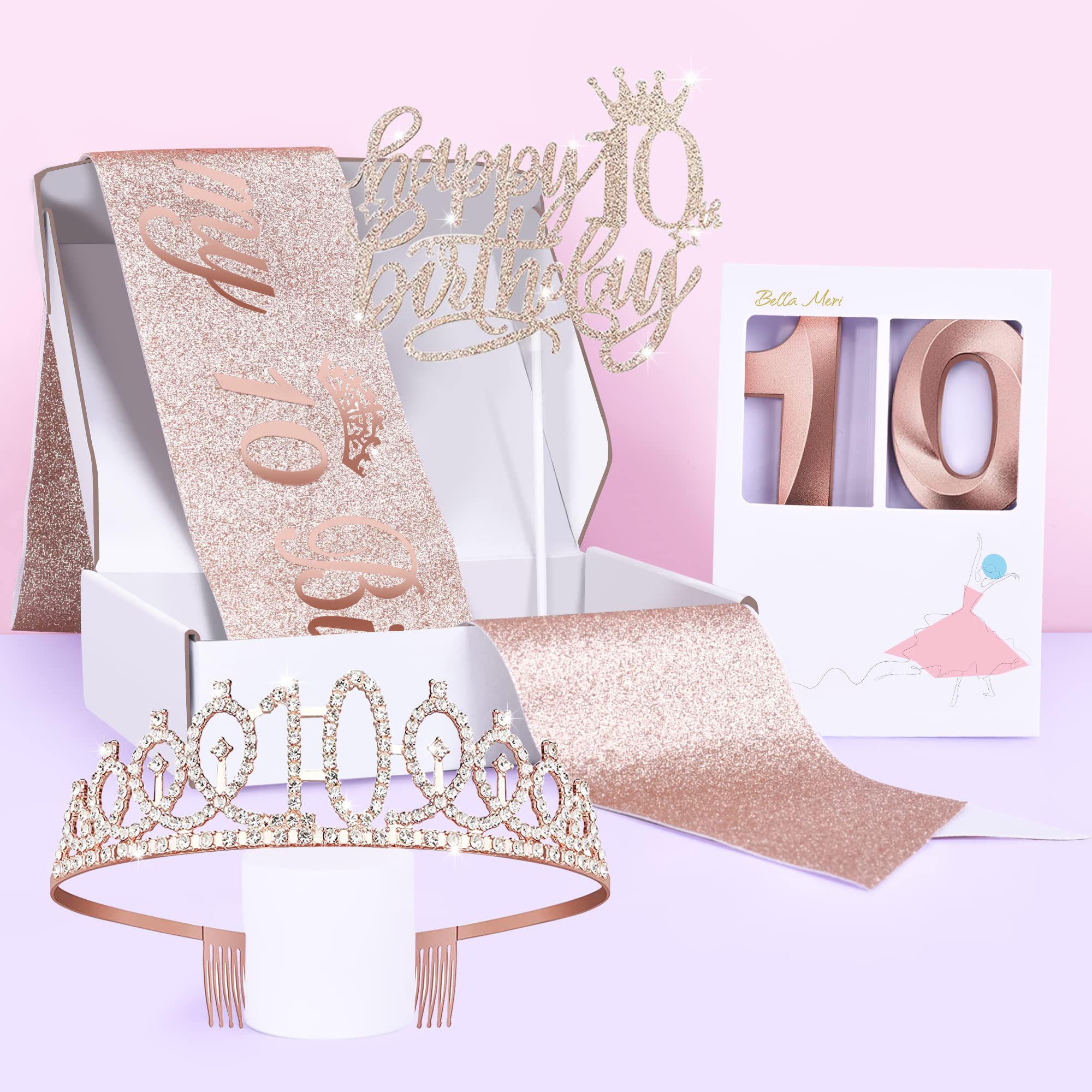 Bella Meri 10th Birthday Party Set for Girls - Sparkling Tiara Crown, Satin Sash, Cake Toppers & Birthday Candles - Complete 10th Birthday Decorations Kit for Women | Perfect for Birthday Parties, Milestone Celebrations & Special Occasions