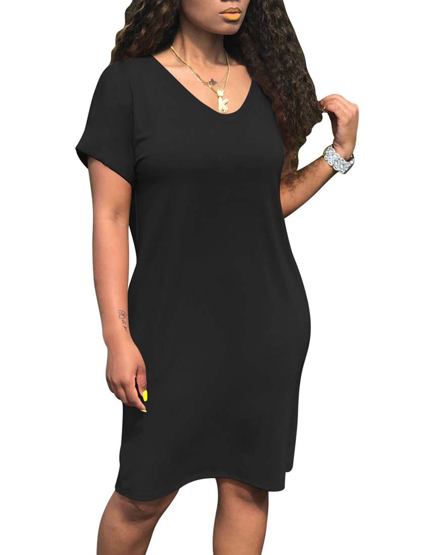 Cailami Women's Summer V-Neck Short Sleeve Midi T-Shirt Dress - Casual Tunic Dress with Pockets for Beach, Vacation & Everyday Wear