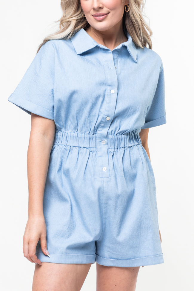 Blue Solid Chambray Romper for Women - Comfortable Summer Jumpsuit with Pockets | Perfect for Beach Outings, Casual Walks & Weekend Getaways