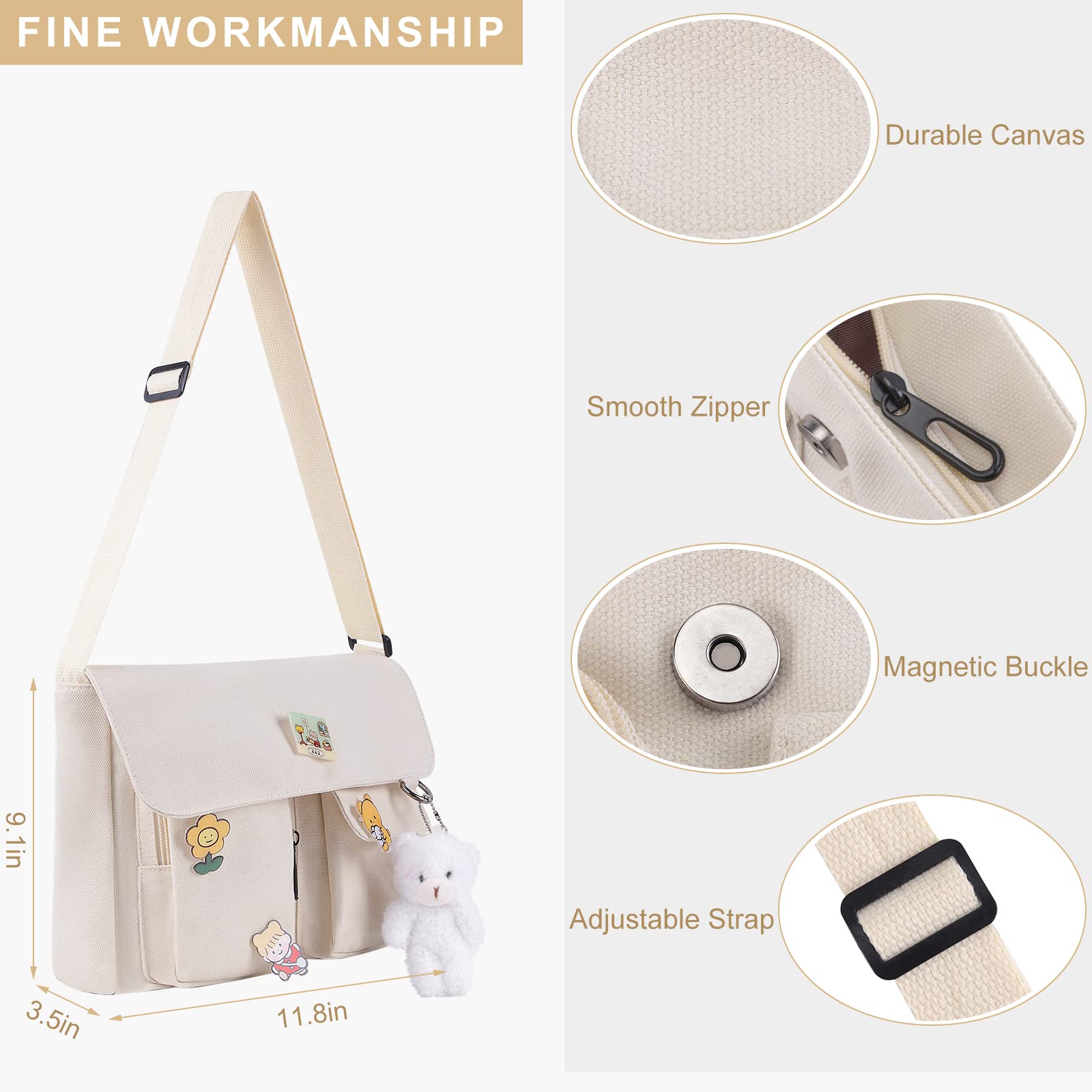 Stylish Canvas Crossbody Bag for Women & Girls - Kawaii Pins & Pendant Decor - Casual Shoulder Messenger Purse - Perfect for School, College, Travel & Everyday Use