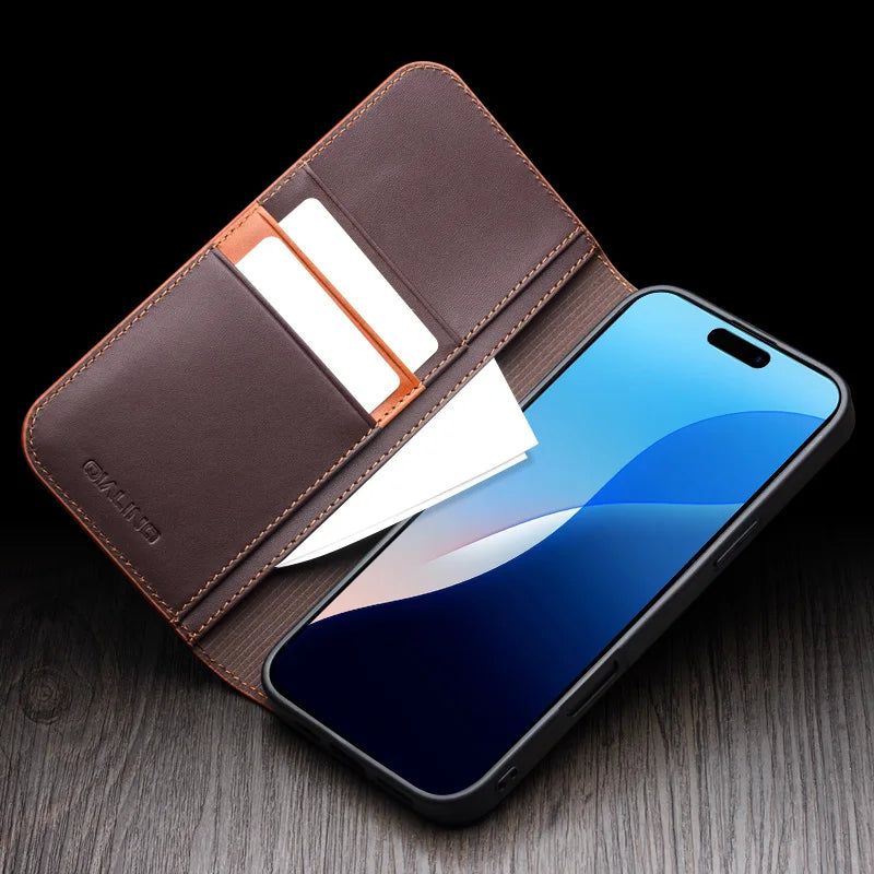 QIALINO Genuine Leather Wallet Case for iPhone 16 Pro - Handmade Premium Leather Phone Cover with Card Slots | Perfect for Everyday Use, Travel & Business (Black/Brown)