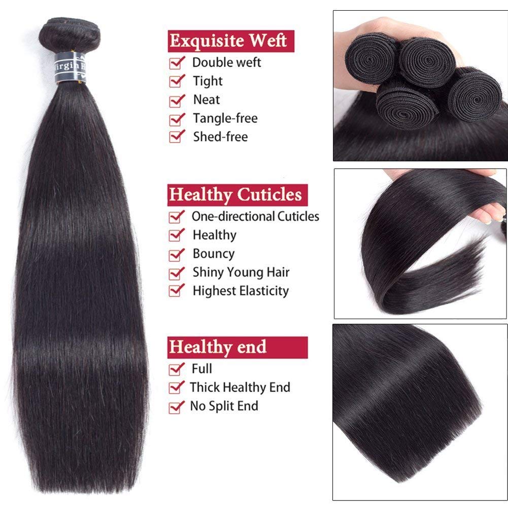 Amella 8A Grade Brazilian Straight Human Hair Extensions - 3 Bundles with Closure (18, 20, 22+18 Inch) - Unprocessed Natural Black Hair for Styling & Volume - Perfect for Daily Wear, Parties & Special Occasions