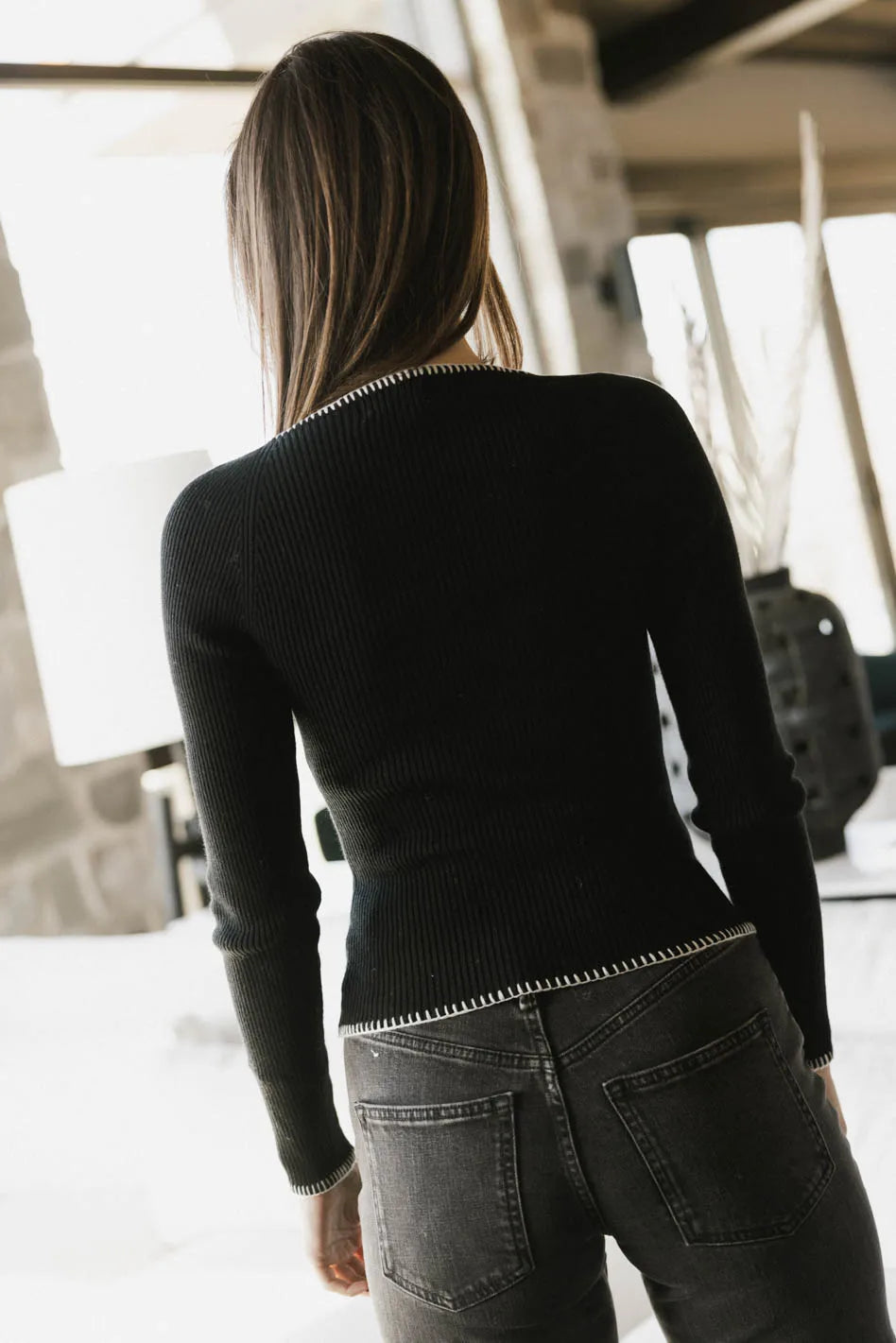 Black Hazel Ribbed Sweater for Women - Cozy Winter Knit Pullover for Casual Outfits & Office Wear