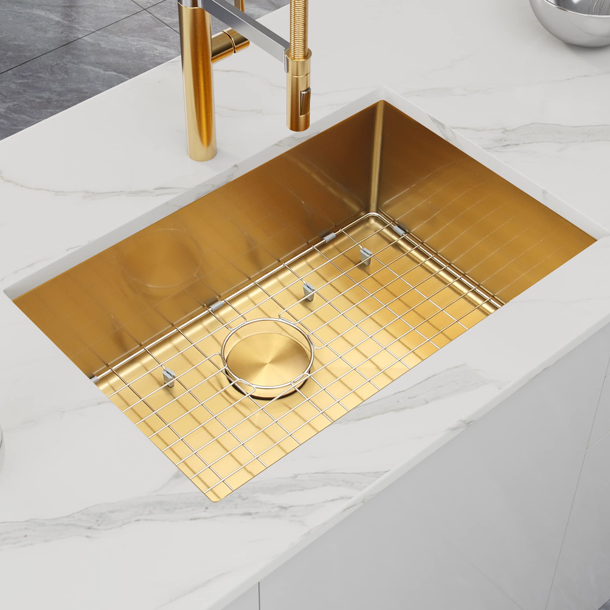 27x18 Inch Undermount Single Bowl Stainless Steel Kitchen Sink - Gold Finish for Modern & Farmhouse Style Kitchens - Perfect for Cooking, Washing Dishes & Food Prep