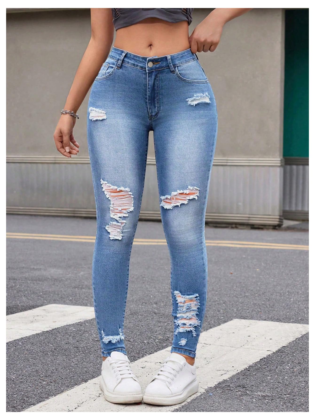 Floerns Women's Distressed Ripped Skinny Jeans - High Waist Stretch Denim Pants with Zipper Fly & Pockets | Trendy Casual Outfit for Streetwear, Dating & Night Out