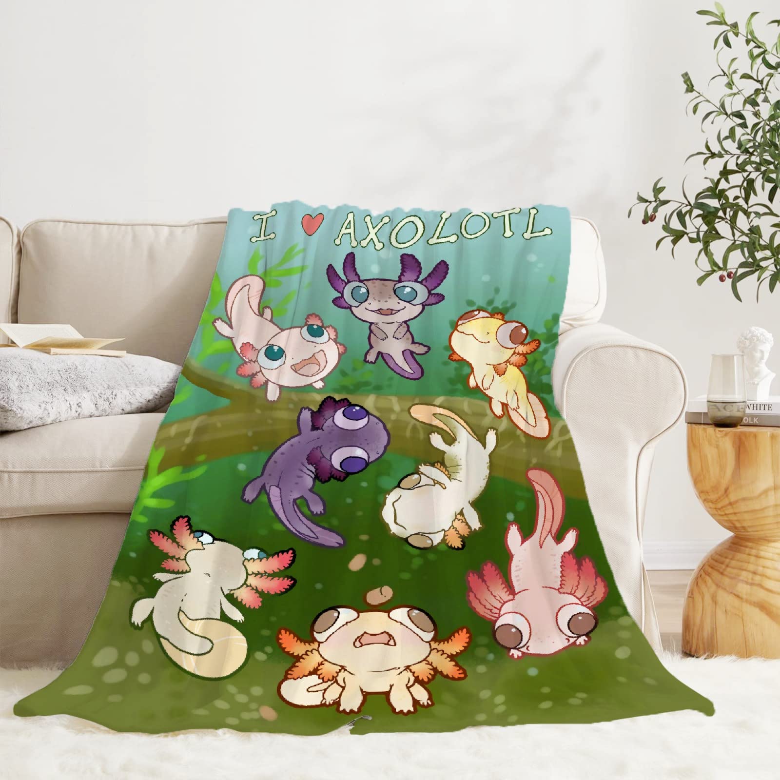 Soft Flannel Fleece Axolotl & Seaweed Aquarium Blanket - Lightweight Microfiber Cozy Throw for All Seasons (120