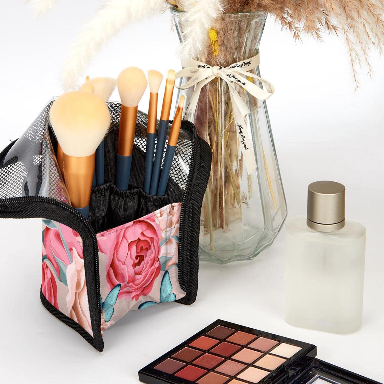 12-Piece Makeup Brush Organizer Bag with Floral Butterfly Design - Portable Cosmetic Brush Holder Case for Travel, Home & Professional Use