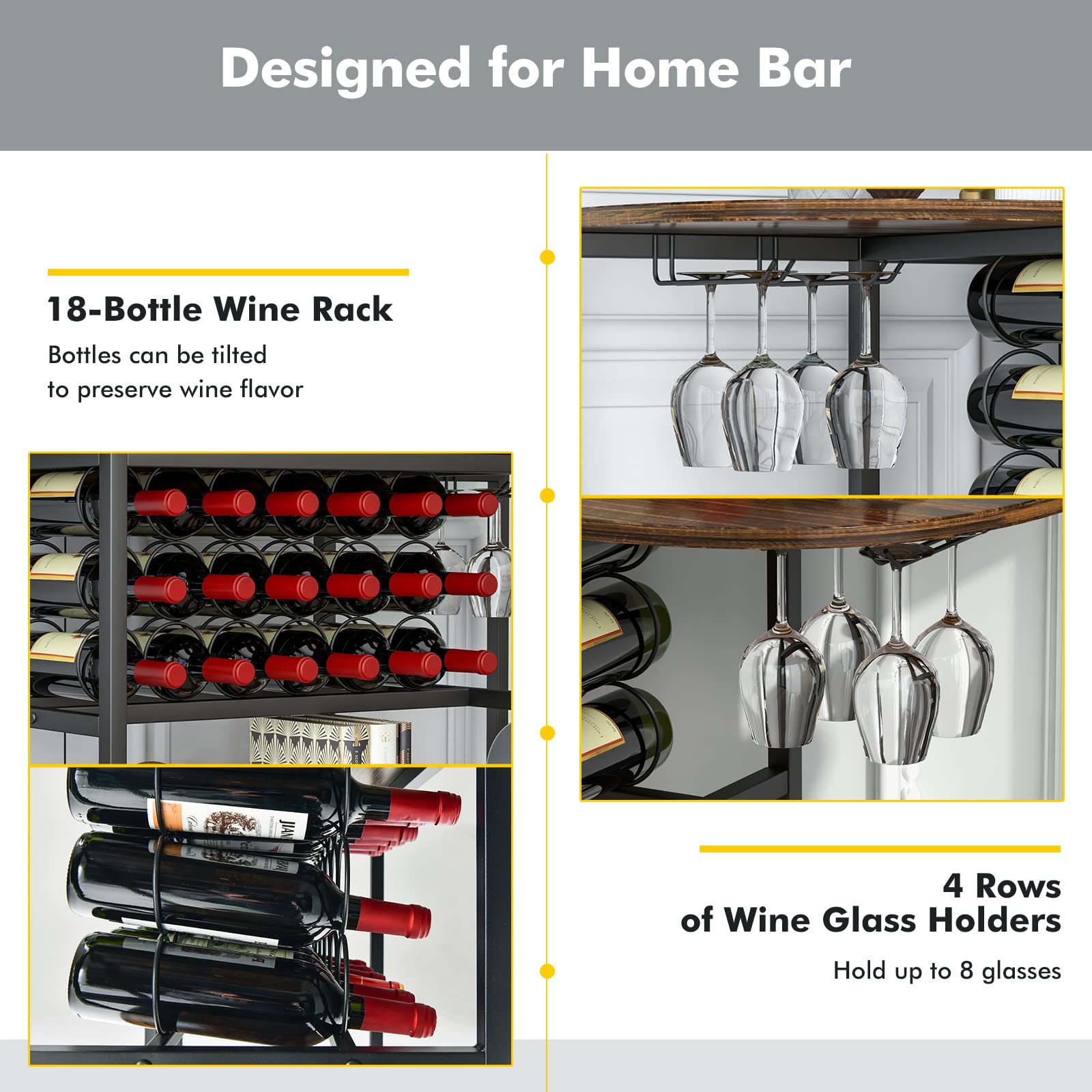 LOKO 47-Inch Industrial Wine Bar Cabinet with Wine Rack & Glass Holders - Freestanding Floor Bar Storage for Liquor, Wine Bottles and Glasses - Rustic Brown Finish for Home Kitchen, Dining Room, Bar or Entertainment Area