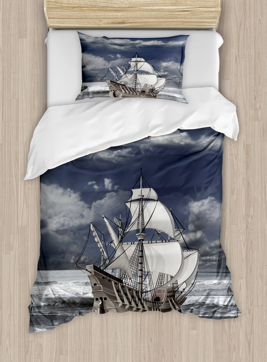 Ambesonne Caribbean Pirates Ship Duvet Cover Set - 2 Pack Cal King Size, Cloudy Sky Oil Painting Design, Blue Grey & Pale Grey - Includes 2 Duvet Covers & 4 Pillowcases - Perfect for Nautical Themed Bedrooms, Pirate Lovers & Coastal Home Decor