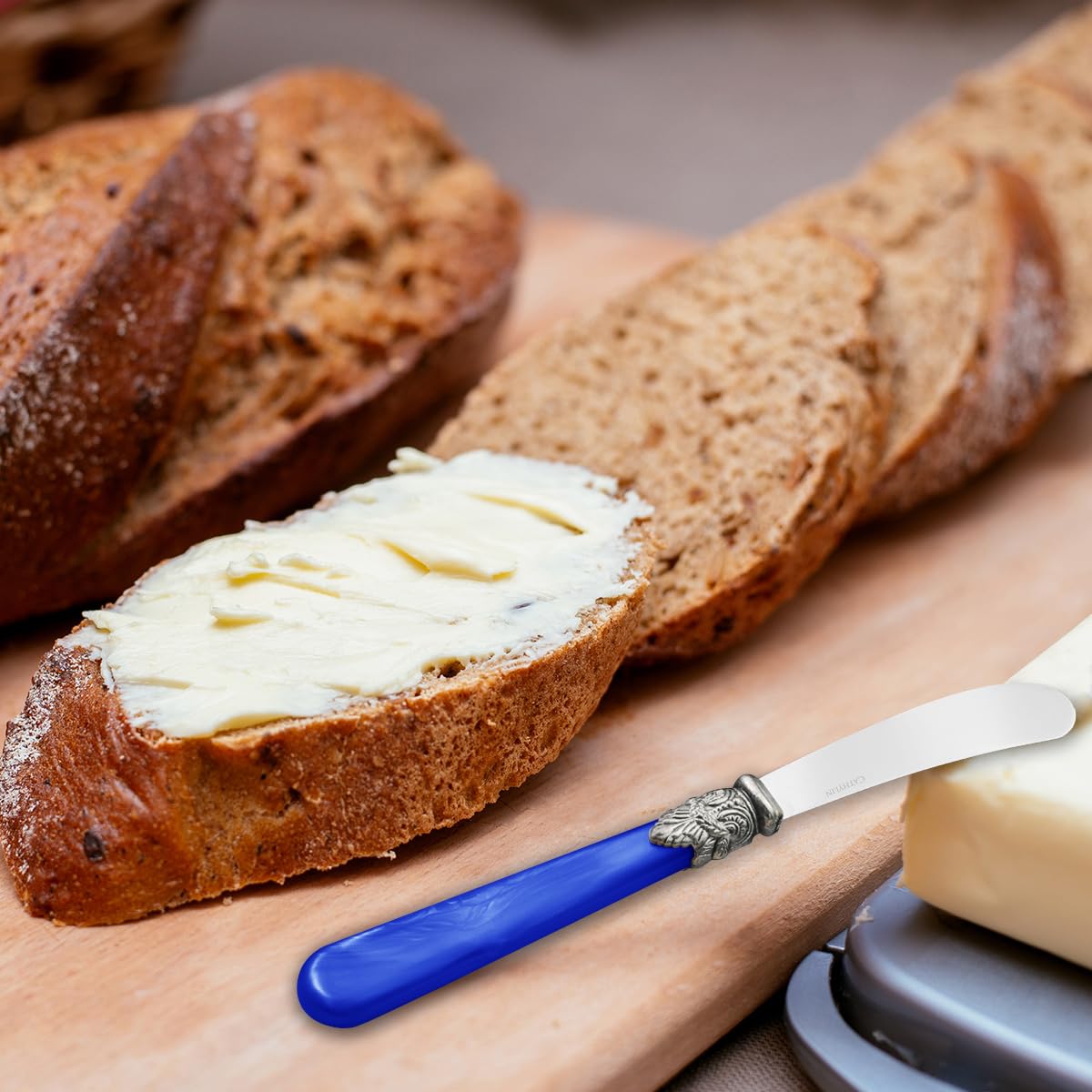 REVERIE 4-Piece Stainless Steel Butter Spreader and Cheese Knife Set - Elegant Bread Knives with Blue Handle - Perfect for Cheese Platters, Breakfast Spreads & Hostess Gifts