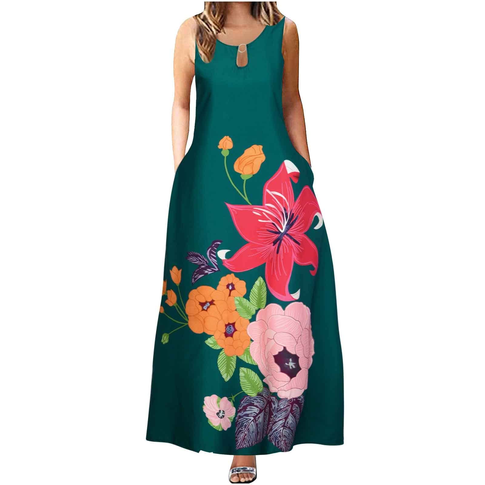 Sexy Plus Size Long Summer Dresses for Women - Sleeveless Maxi Tank Dress with Vintage Print, Perfect for Beach, Wedding Guest & Club Outfits