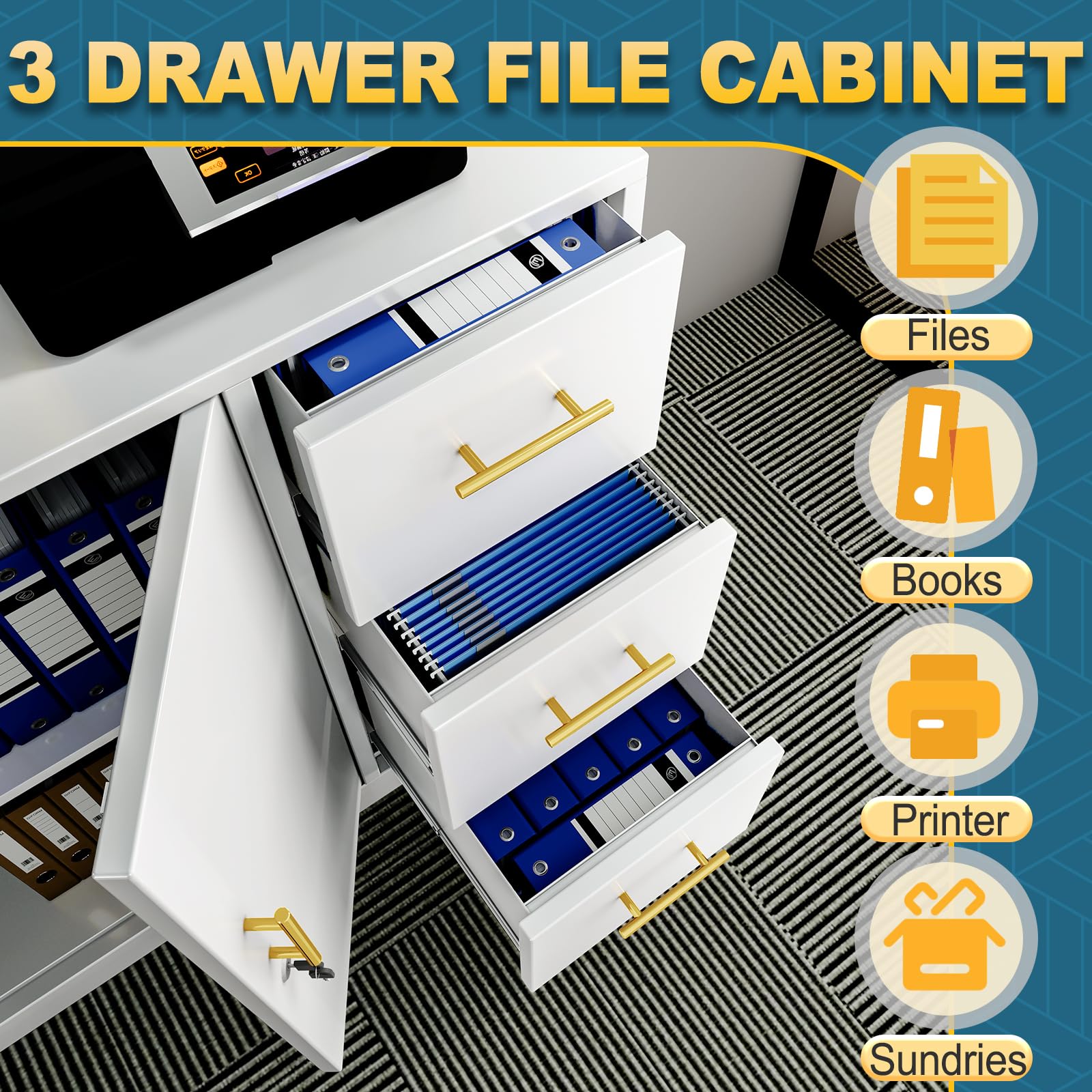 3-Drawer Lateral File Cabinet with Lock - Metal Filing Storage Cabinet for Office, Home, Garage, School & Gym - White - Perfect for Document Organization & Space Saving