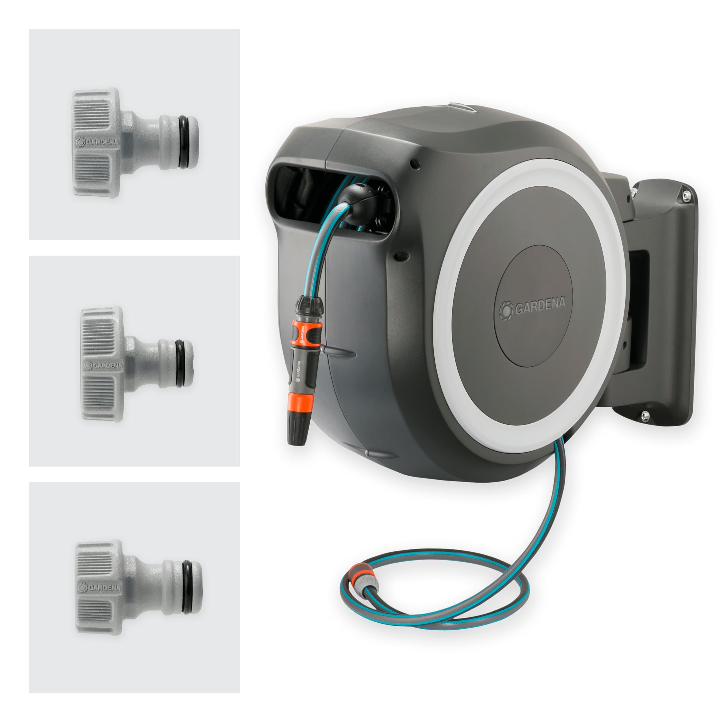**Gardena Wall-Mounted Hose Box Rollup L (White) 30 m – Heavy-Duty Watering System for Large Gardens, Swivel Hose Reel with 30 m Premium Garden Hose & Mounting Kit (18627-20) – Ideal for Patio, Lawn, and Outdoor Plant Care**