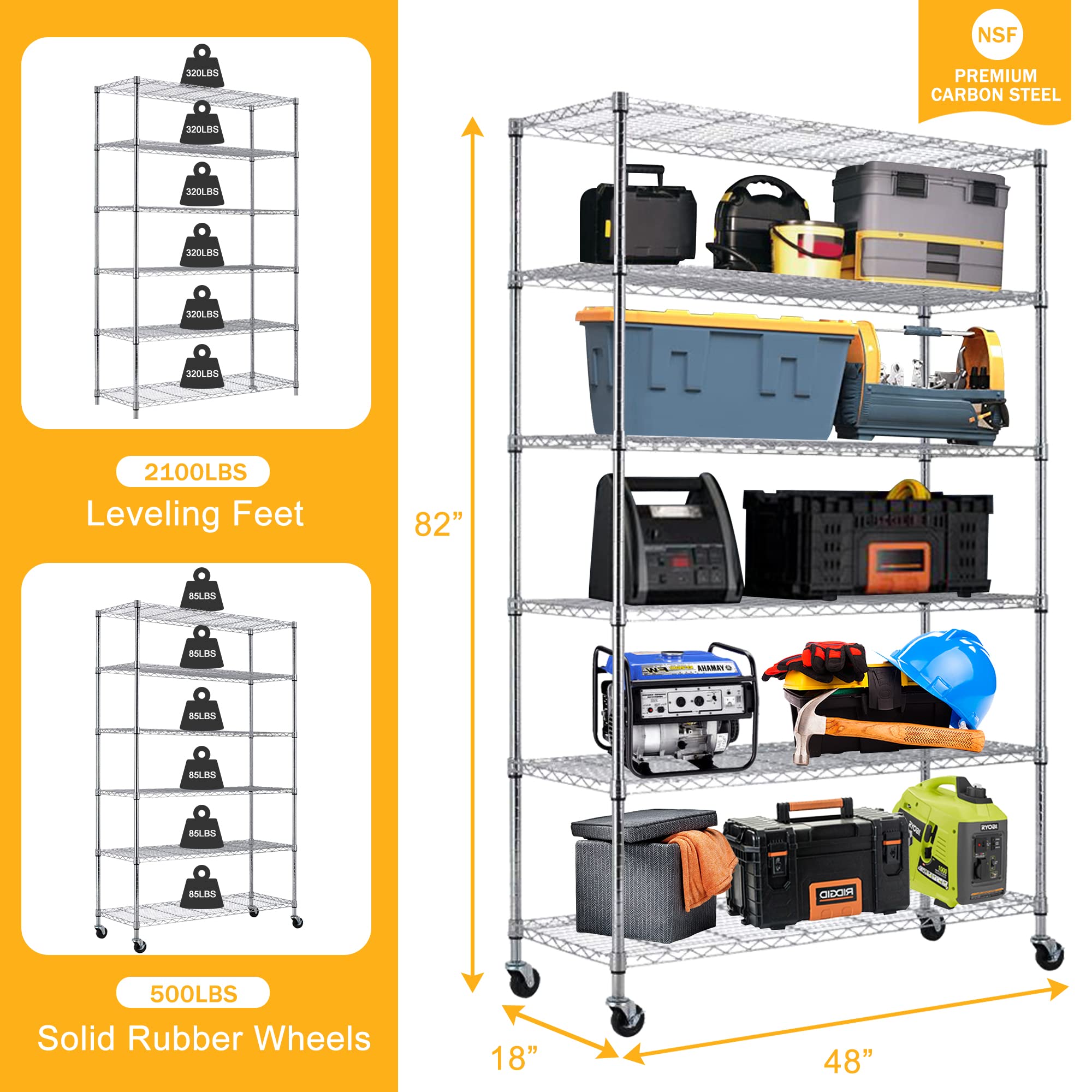 Heavy Duty Storage Shelving Unit with Wheels - Commercial Steel Wire Shelving Rack Organizer - Adjustable Utility Shelves for Garage, Kitchen, Warehouse & Office Storage - Ideal for Home Organization & Business Use