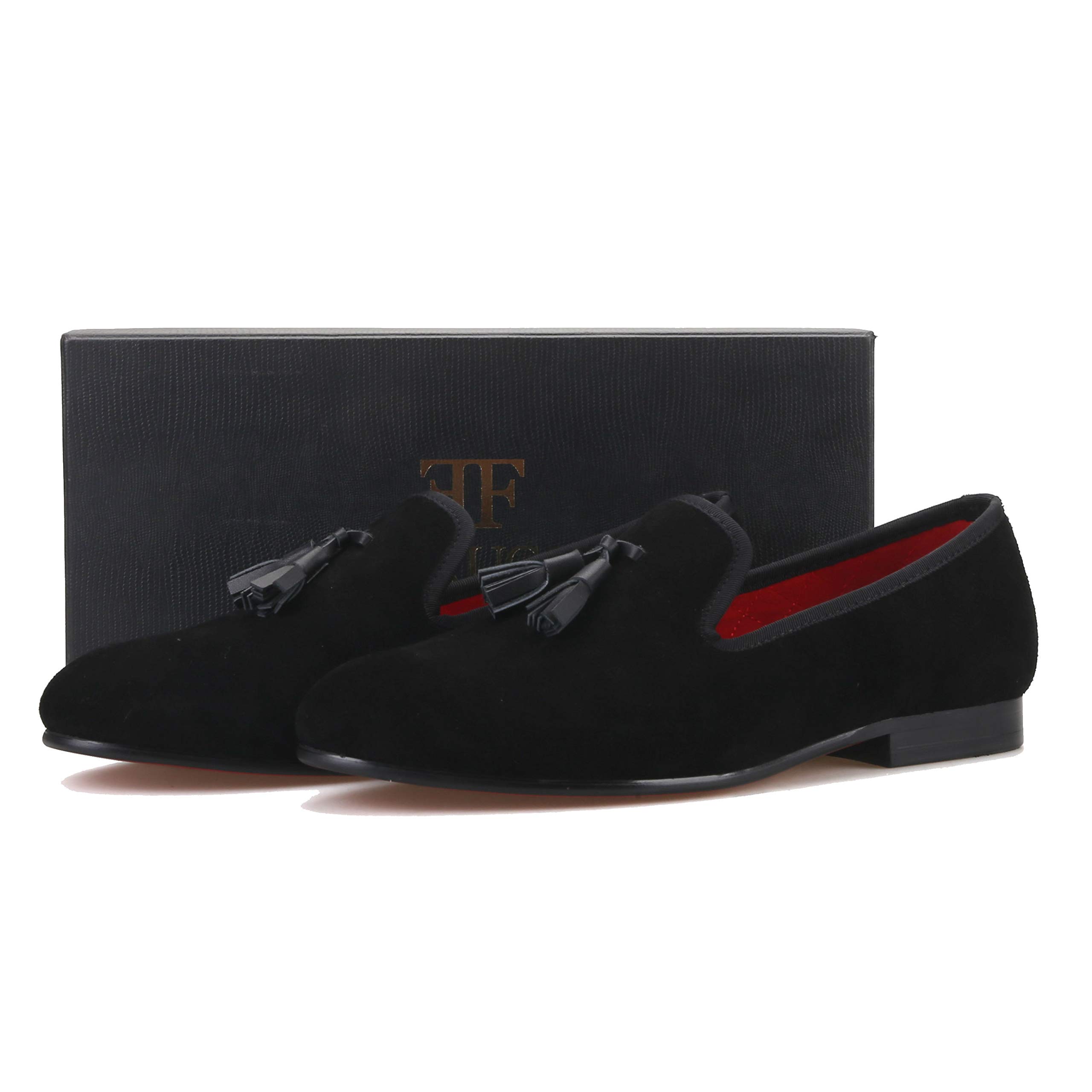 FERUCCI Men's Black Suede Loafers with Leather Tassel - Comfortable Slip-On Shoes for Indoor/Outdoor Wear, Casual & Office Style