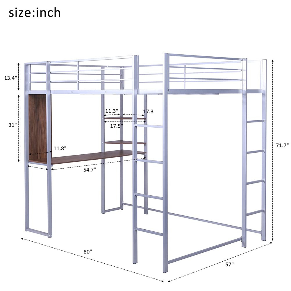 Full Size Metal Loft Bed with 2 Shelves & Desk for Kids & Teens - Sturdy Silver Frame for Small Spaces, Dorm Rooms & Kids Bedrooms - Study & Sleep Solution