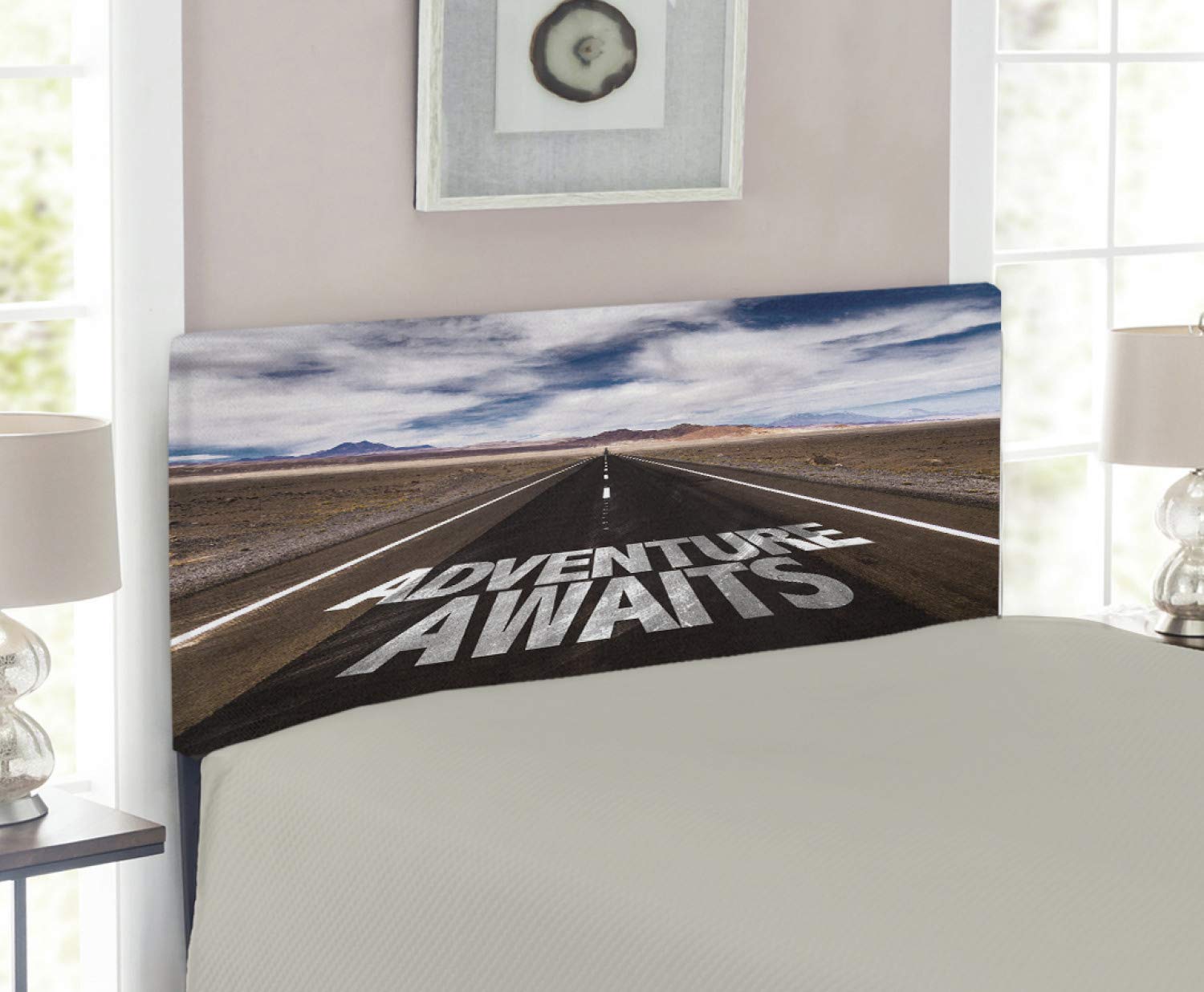 Ambesonne Road Trip Adventure Headboard - Typography on Asphalt Clouds & Sky Theme, Upholstered Decorative Metal Bed Frame with Memory Foam, Twin Size in Brown Blue & White - Perfect for Travel Enthusiasts' Bedrooms & Adventure-Themed Decor