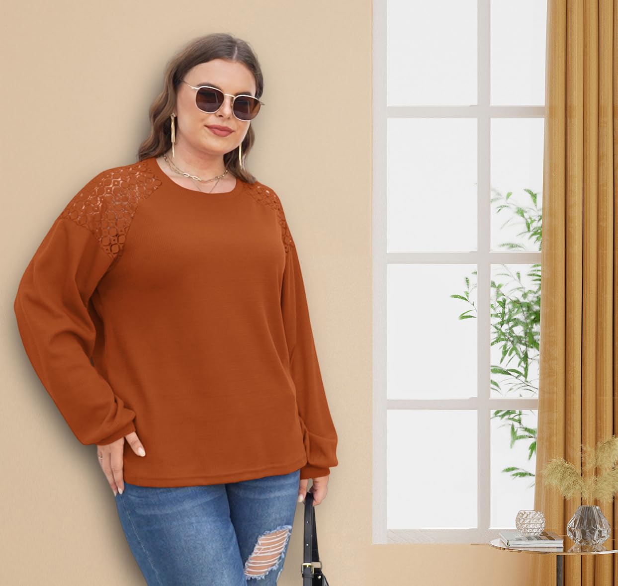 AGSEEM Women's Waffle Knit Tunic Top - 2023 Fall Winter Long Sleeve Crew Neck Shirt with Lace Shoulder Detail | Casual Office Wear & Layering Essential