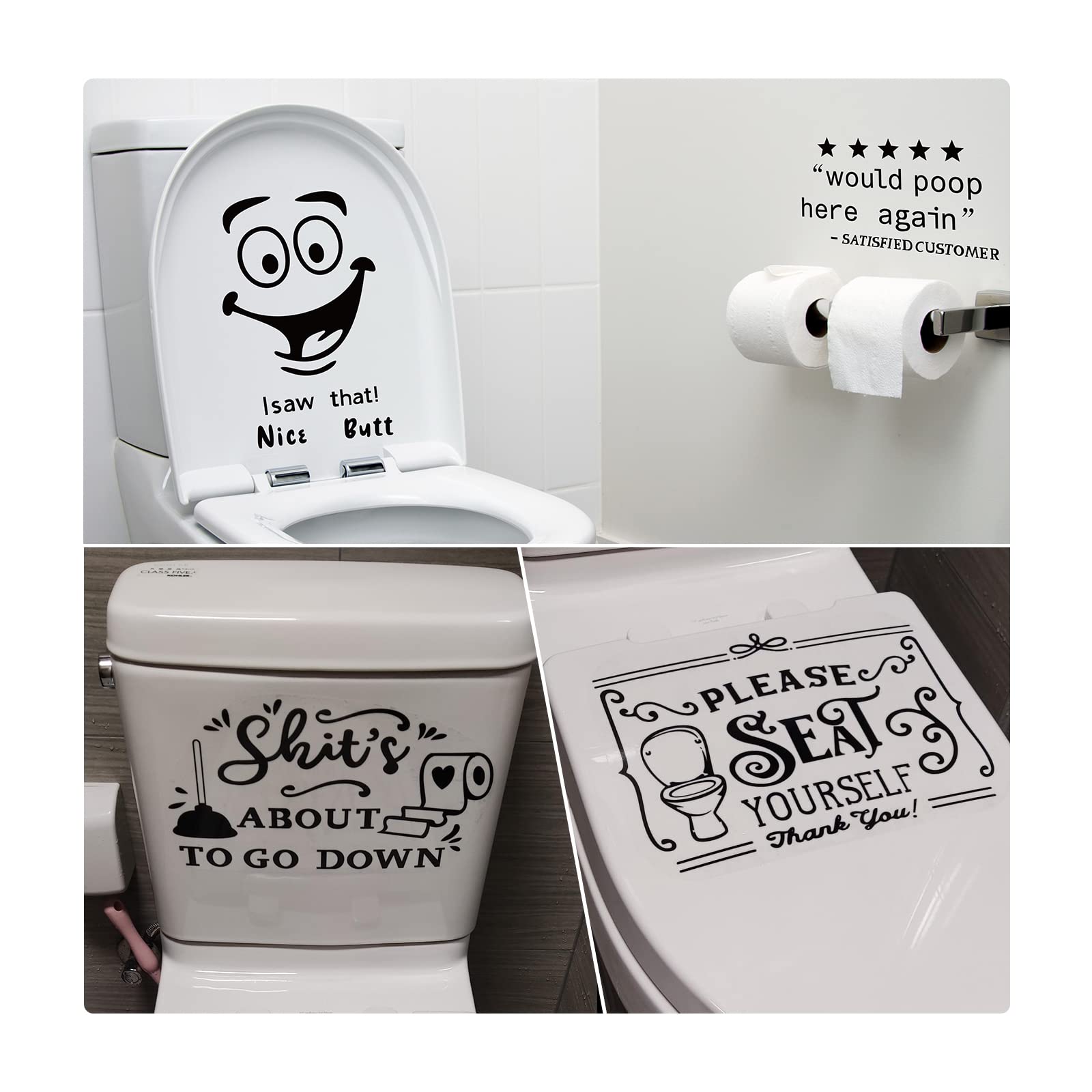 Funny Toilet Stickers - 'Please Seat Yourself' & 'Nice Butt' Bathroom Humor Decals - 'Would Poop Here Again' Vinyl Stickers for Toilets & Mirrors - Perfect Funny Gifts for Bathroom Decor & Housewarming Parties