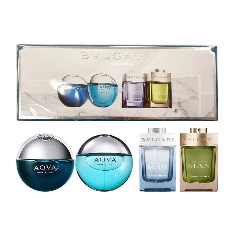 Bvlgari Miniature Cologne Gift Set for Men - 4 x 5ml (Aqva EDT, Aqva Marine EDT, Glacial Essence EDP, Wood Essence EDP) - Perfect for Travel, Gifts & Daily Fragrance Collection