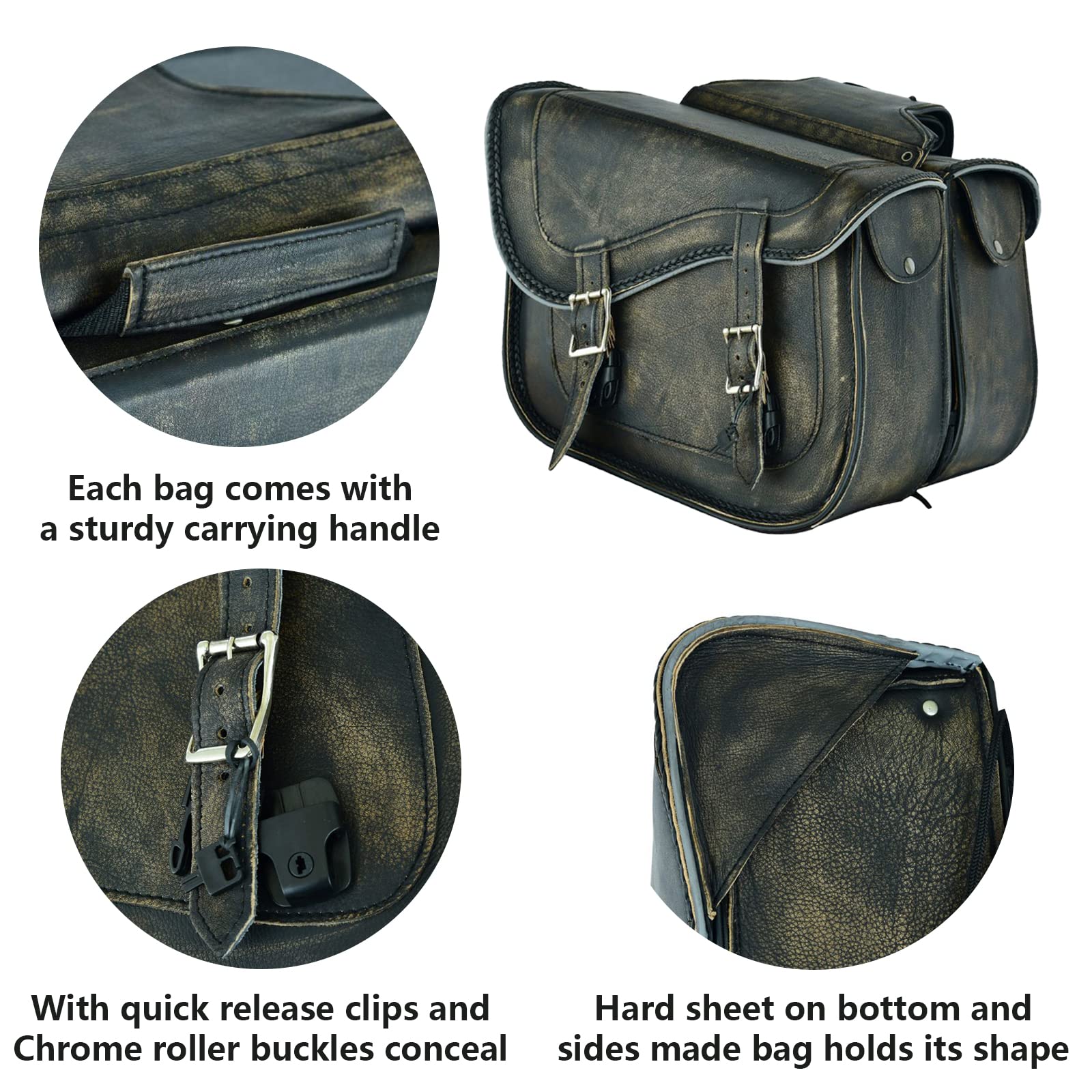 Genuine Leather Motorcycle Saddle Bags for Harley Softails, Sportsters & Choppers - Distressed Brown 13