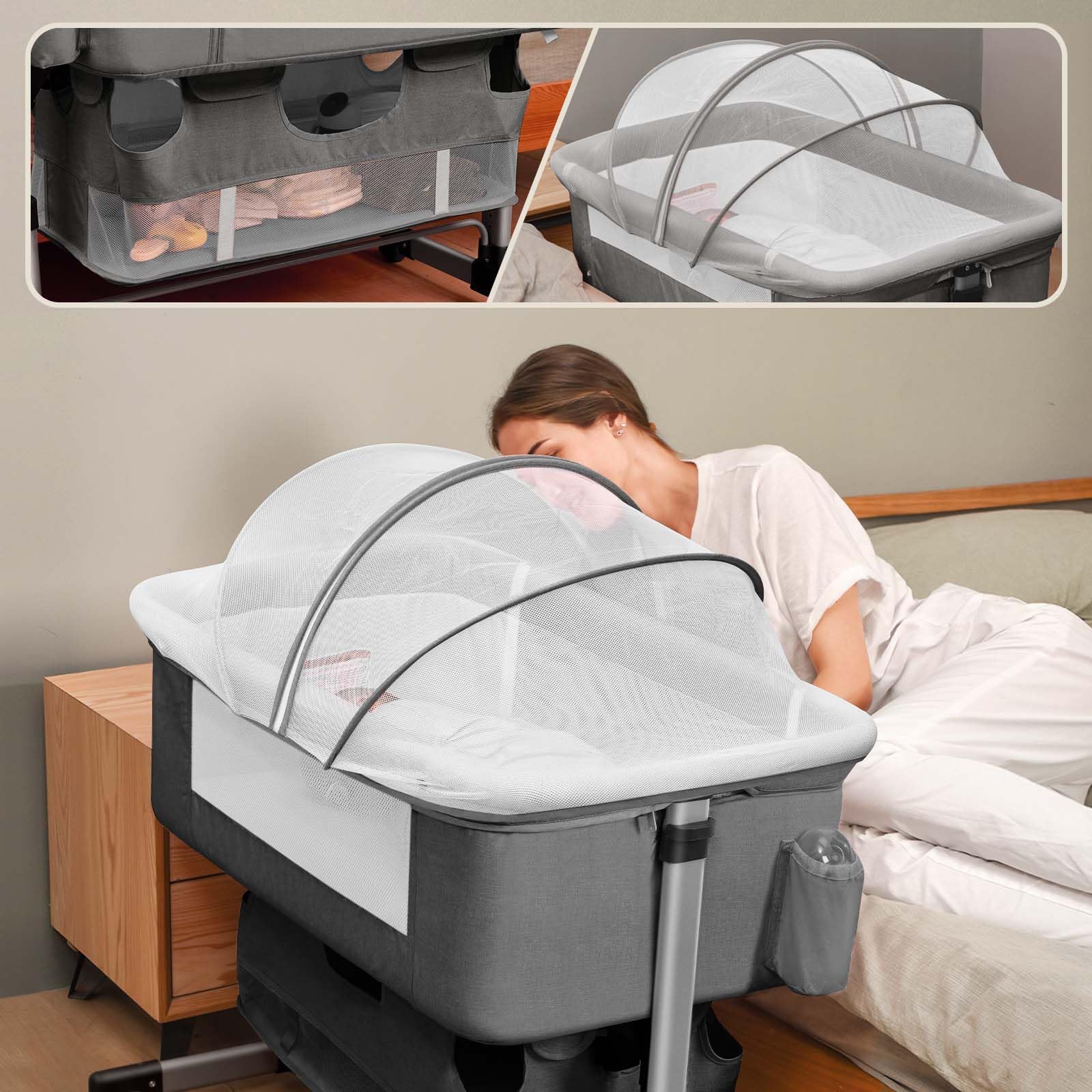 **3-in-1 Adjustable Portable Baby Bedside Crib with Mosquito Net – Grey | Infant Bassinet for Newborns & Travel | Nursery, Co-Sleeping & On-the-Go Convenience**