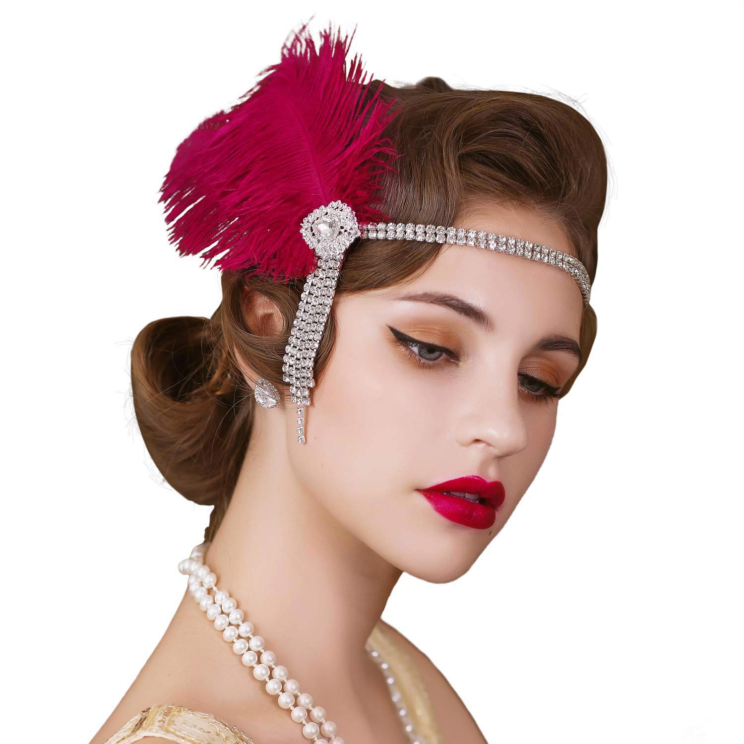 Vintage 1920s Flapper Headband for Women - Great Gatsby Inspired Feather Hair Accessory with Rhinestones, Red Plum - Perfect for Cocktail Parties, Themed Events & Costumes