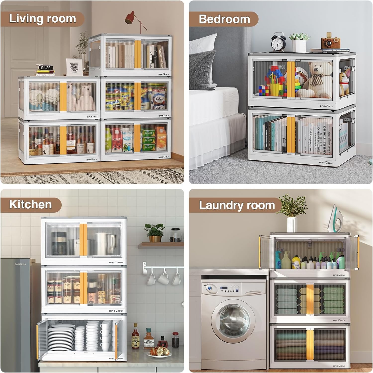 4-Pack Stackable Collapsible Storage Bins with Lids & Wheels - 100 Gallon Plastic Storage Containers with 5 Doors - Foldable Closet Organizers for Home, Garage & Office Organization - White Storage Bins for Shelving, Cabinets & Underbed Storage