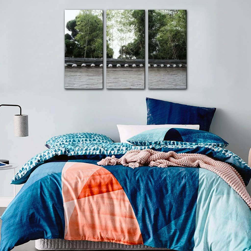 Traditional Gray Stone Wall with Bamboo Trees Seoul Korea - Canvas Wall Art for Modern Office & Home Decor - 3 Panel Painting for Living Room & Bedroom - Perfect for Asian-Inspired Interior Design & Zen Spaces