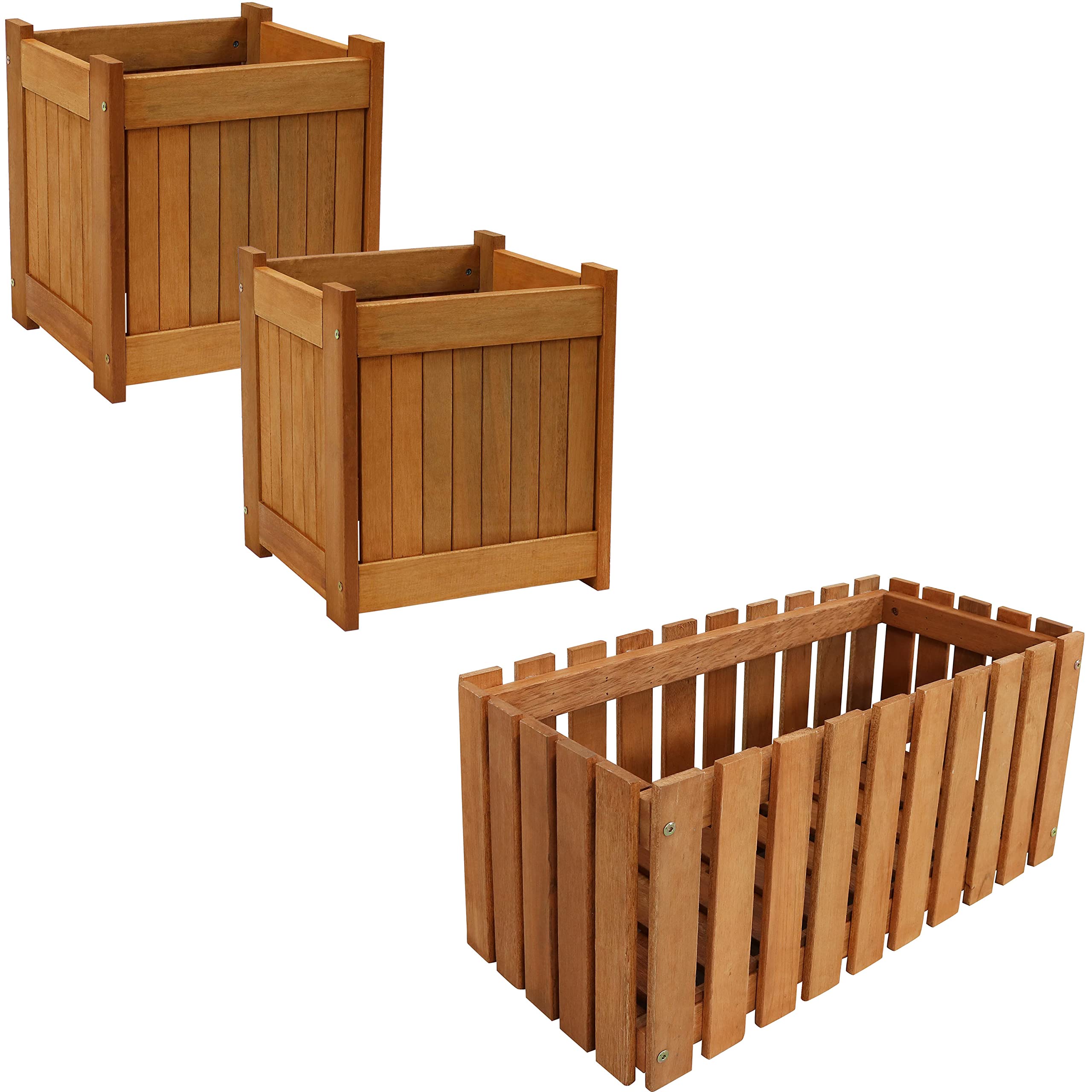 Sunnydaze 24-Inch Meranti Wood Picket Style Planter Box & 2-Pack 16-Inch Square Outdoor Planters with Teak Oil Finish - Perfect for Patio, Garden, and Balcony Decor