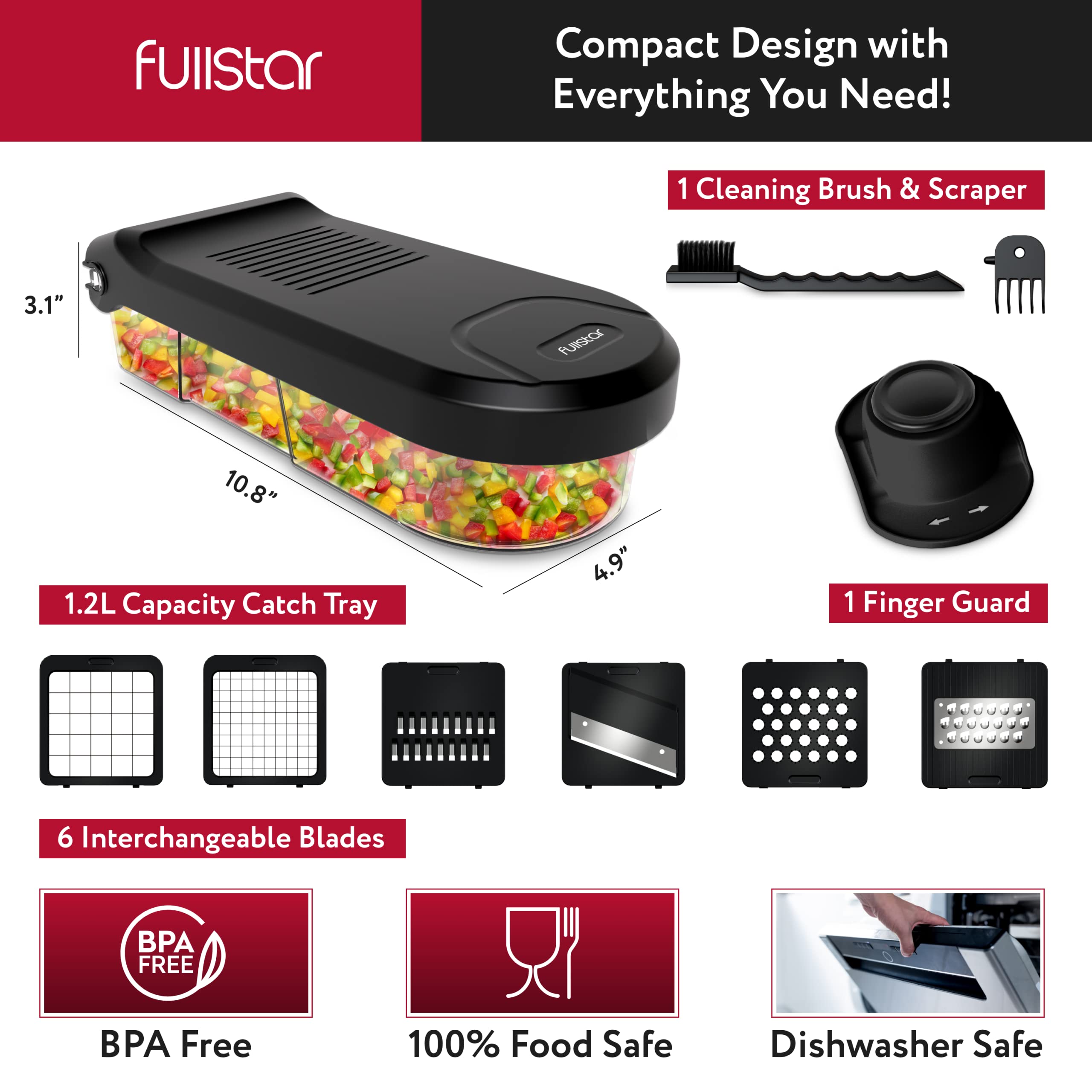 Fullstar 6-in-1 Vegetable Chopper & Mandoline Slicer with Cheese Grater - Food Chopper with Container - Kitchen Gadgets & Home Essentials (Black) - Perfect for Meal Prep, Salad Making & Quick Cooking