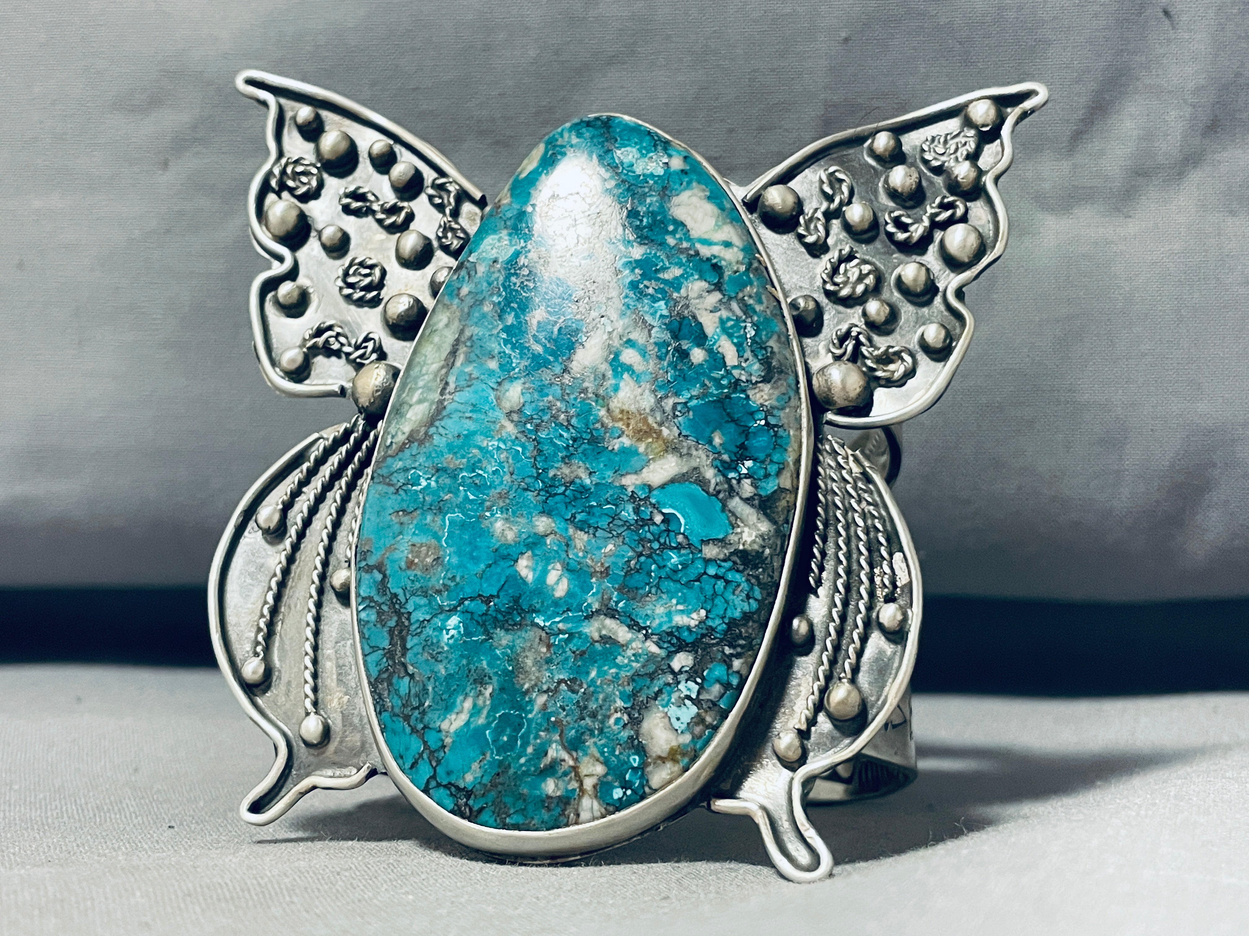 **153g Sterling Silver Butterfly Bracelet with Turquoise Spiderweb Design - Elegant Handmade Jewelry for Women, Perfect for Parties & Gifts**