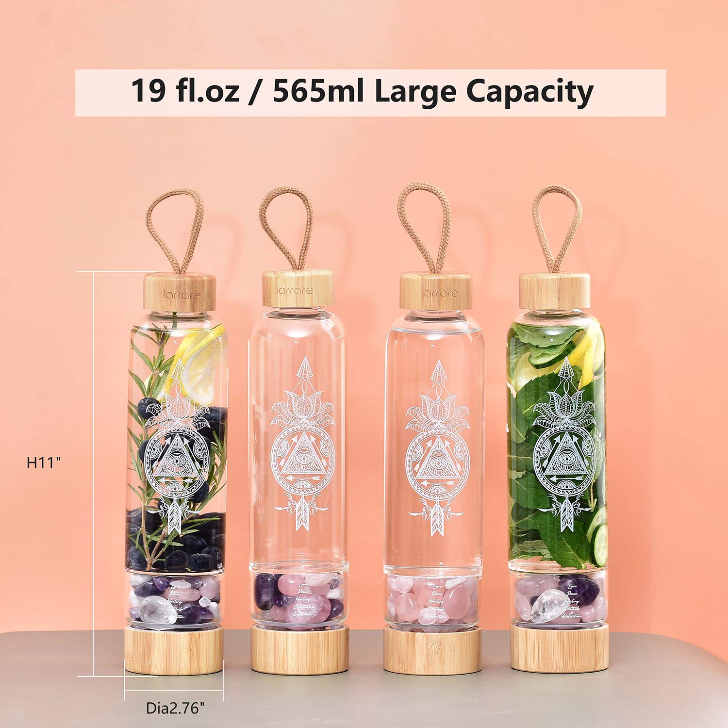 19oz Crystal Infused Water Bottle with Gemstones - Amethyst, Rose Quartz for Wellness & Hydration