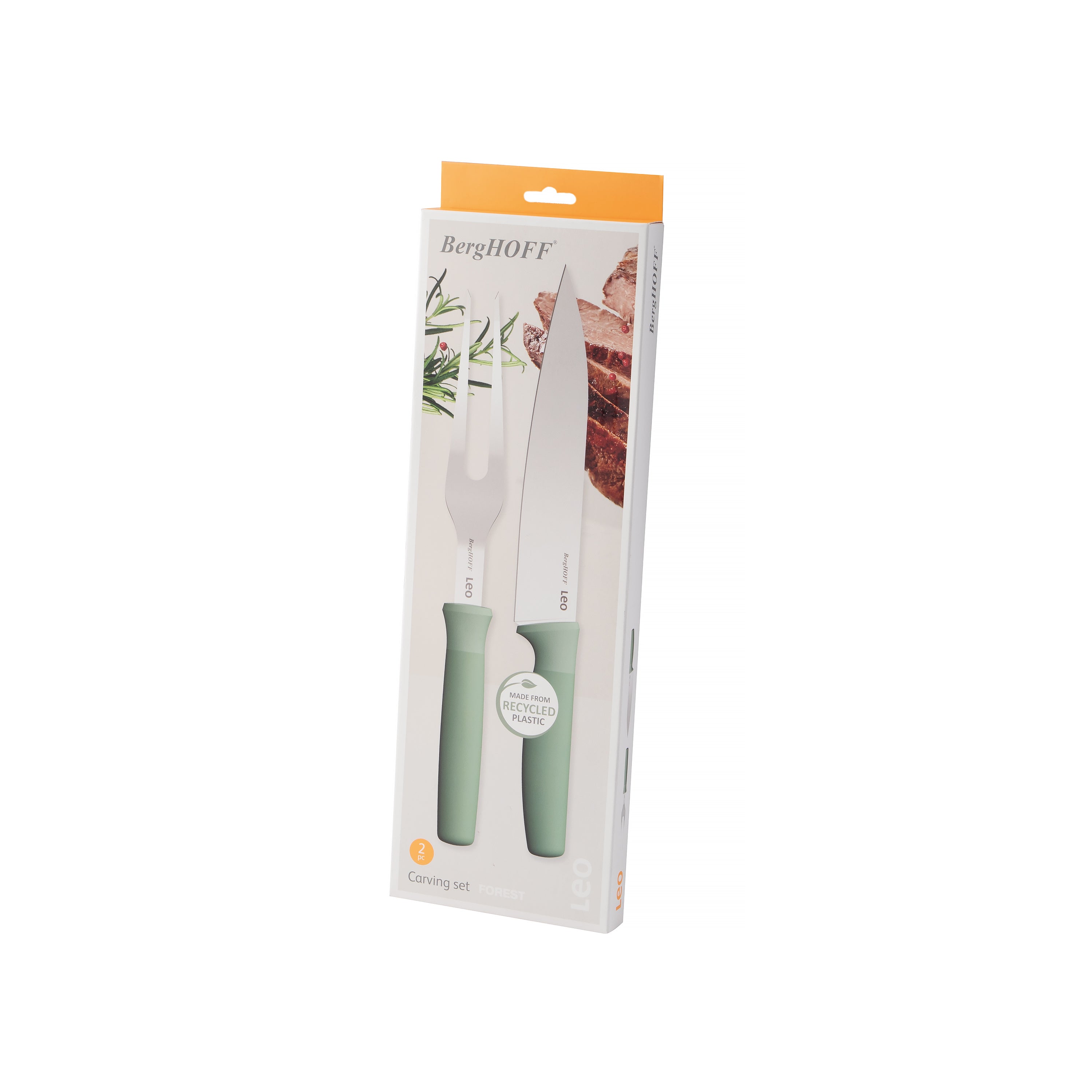 BergHOFF Leo Forest Stainless Steel 2-Piece Carving Set - Eco-Friendly Recycled Material Knife & Fork for Roast Beef, Turkey & Holiday Meals