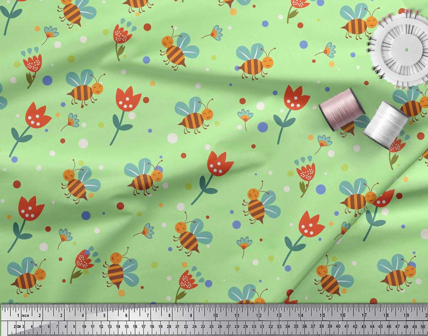 Soimoi Cotton Cambric Fabric - Green Floral Bee Print - 56